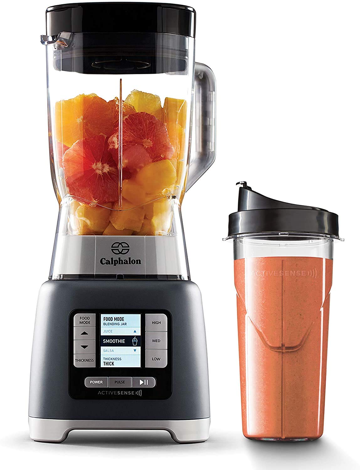 Calphalon 1200-Watt Professional Blender with 24-Oz Portable Blend-n-Go Cup | Dark Stainless Steel | Perfect for Smoothies, Protein Shakes & Meal Prep | Ideal for Home Kitchen, Gym & Office Use