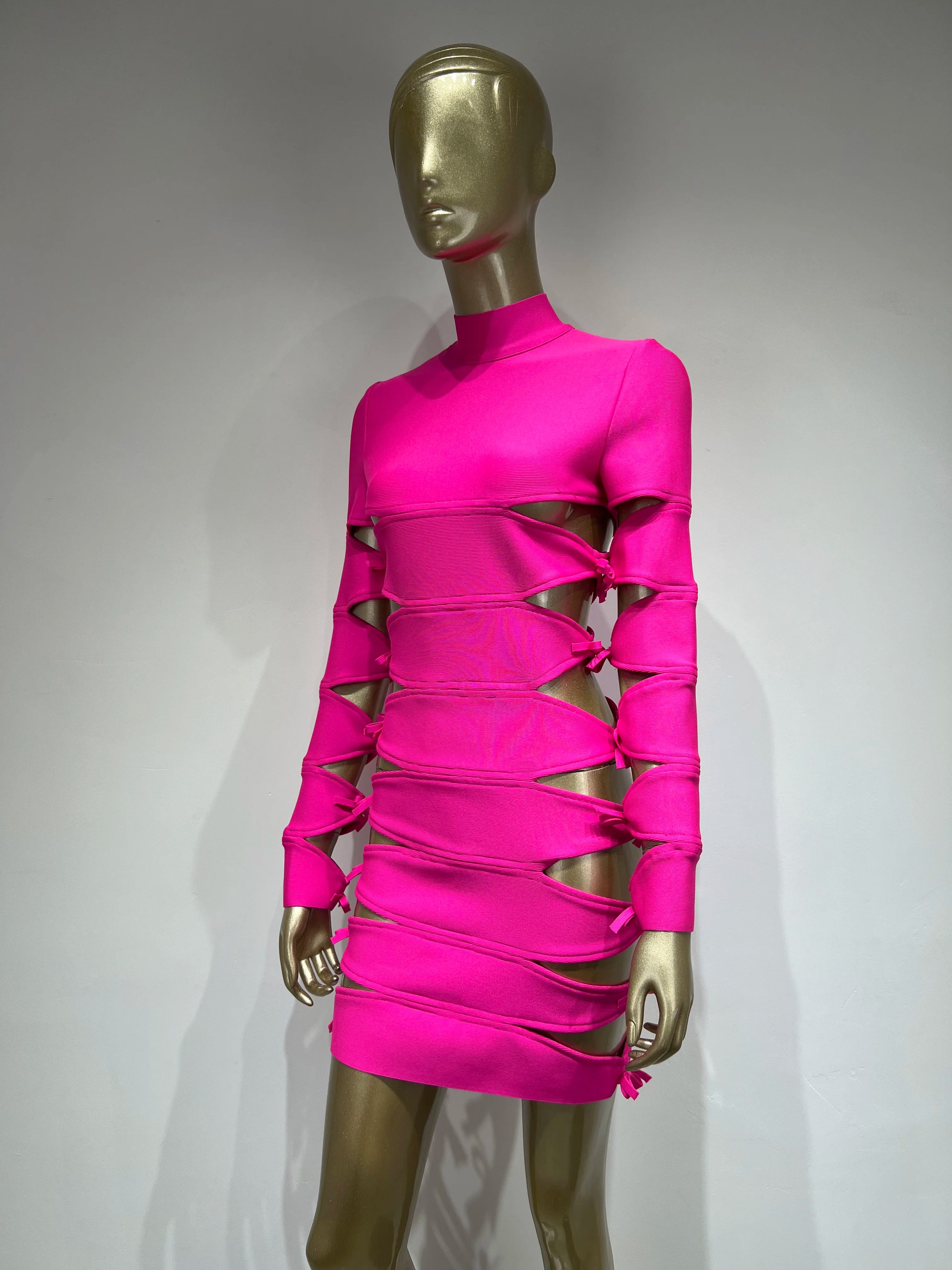 Sexy Long Sleeve Hollow Out Pink Bow Tie Mini Bandage Dress for Women - Elegant Autumn Evening & Club Party Dress 2023 | Perfect for Date Night, Cocktail Parties & Special Occasions