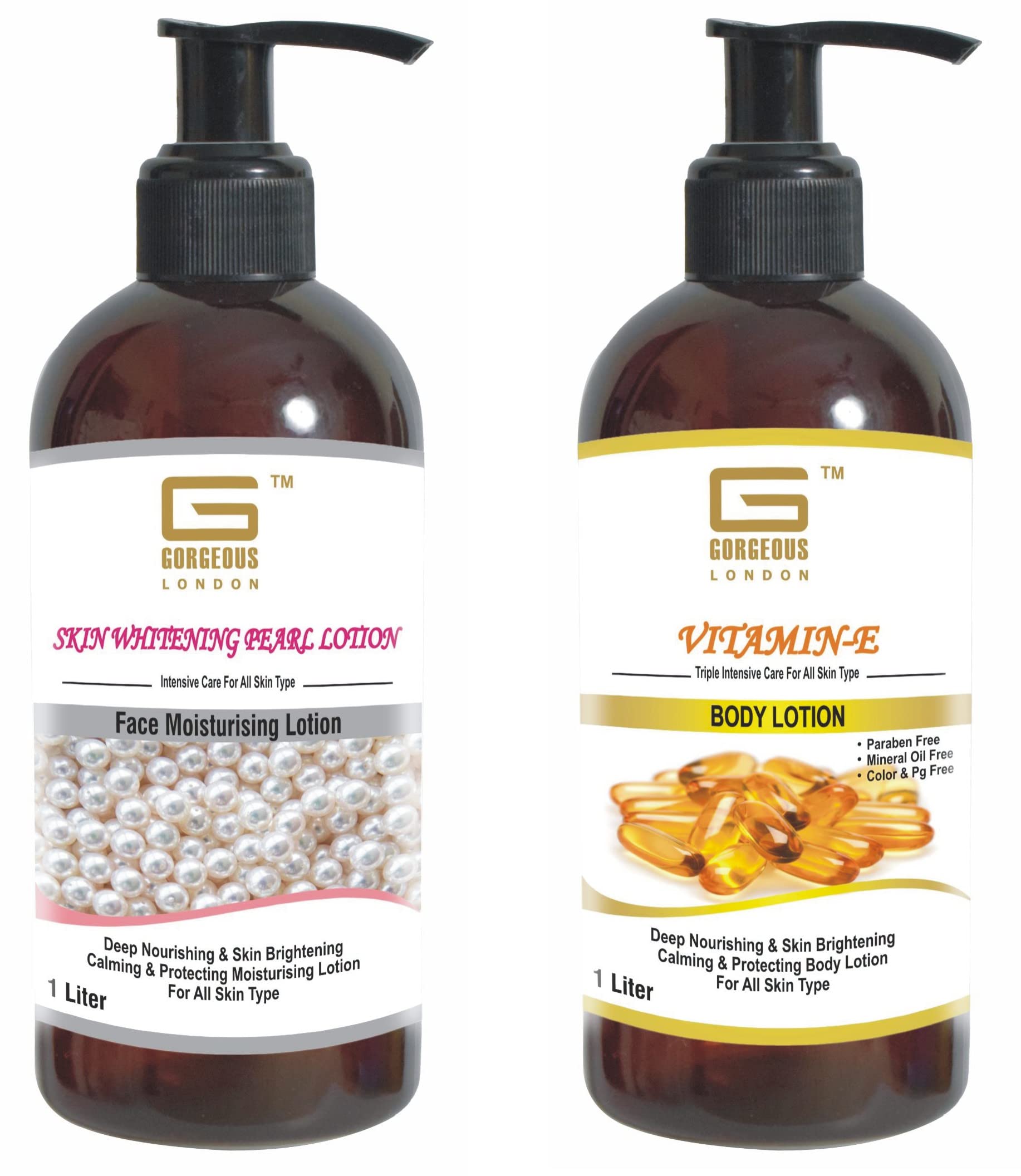 London Skin Brightening Pearl Face Moisturizer & Vitamin E Body Lotion Set (2-Pack, 1 Liter Each) - Hydrating Skincare for Dry Skin & Daily Nourishment