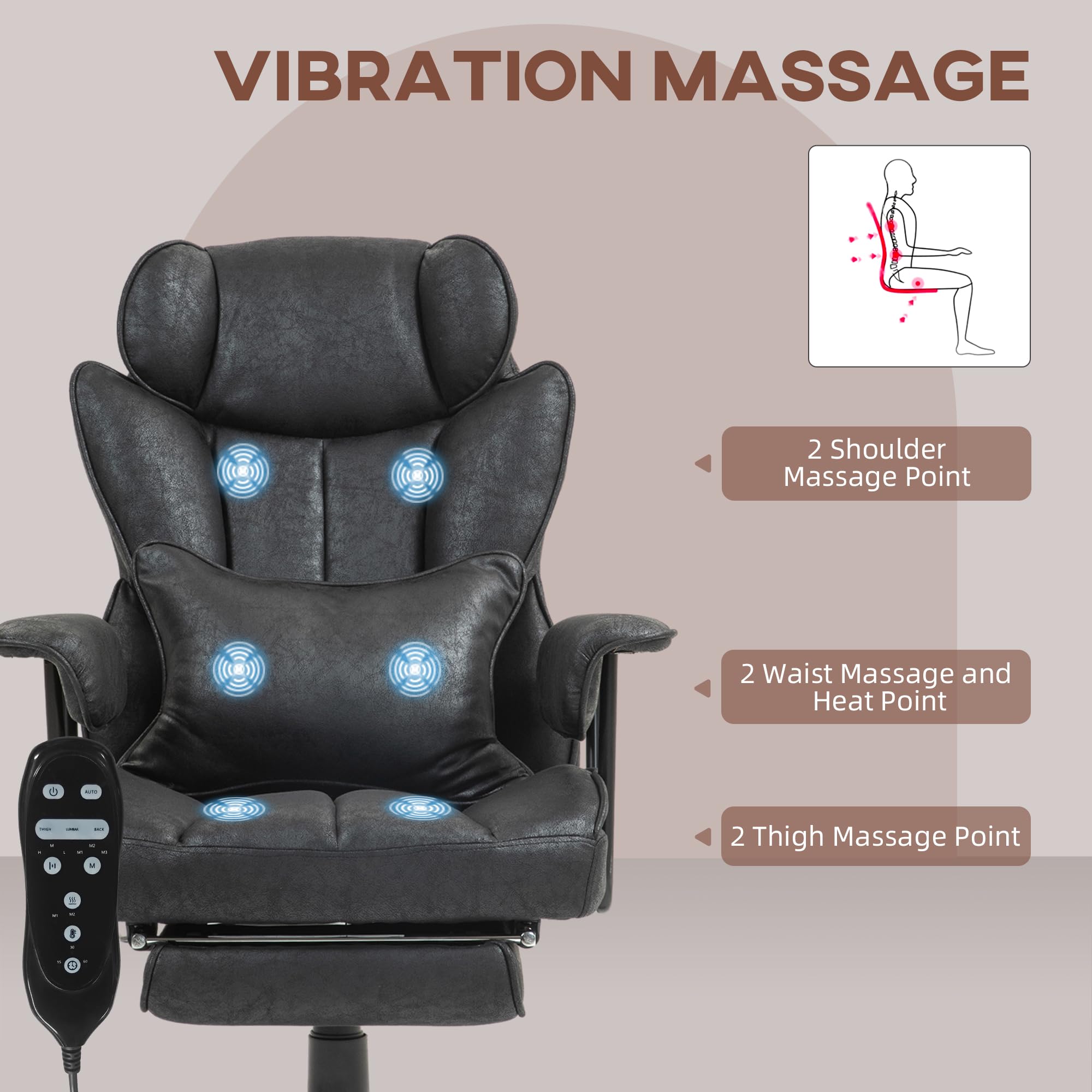 HOMCOM 6-Point Vibration Massage Executive Office Chair with Heating, 400LBS Capacity - Big & Tall Ergonomic Computer Desk Chair with Adjustable Footrest, Lumbar Support & Microfiber Reclining - Perfect for Home Office, Gaming & Workspaces (Black)