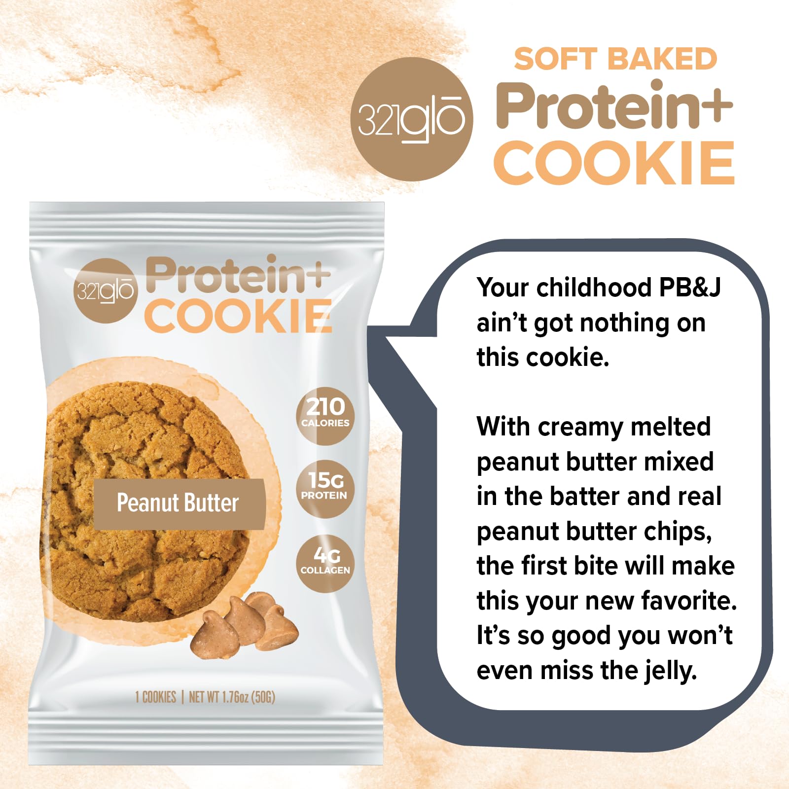 321glo Protein+ Cookies | High Protein Soft Baked Cookies with Collagen (15g Protein per Serving) | Healthy Snack for Men, Women & Kids | 12 Pack Peanut Butter Flavor | Perfect for Gym, Work, School & Travel
