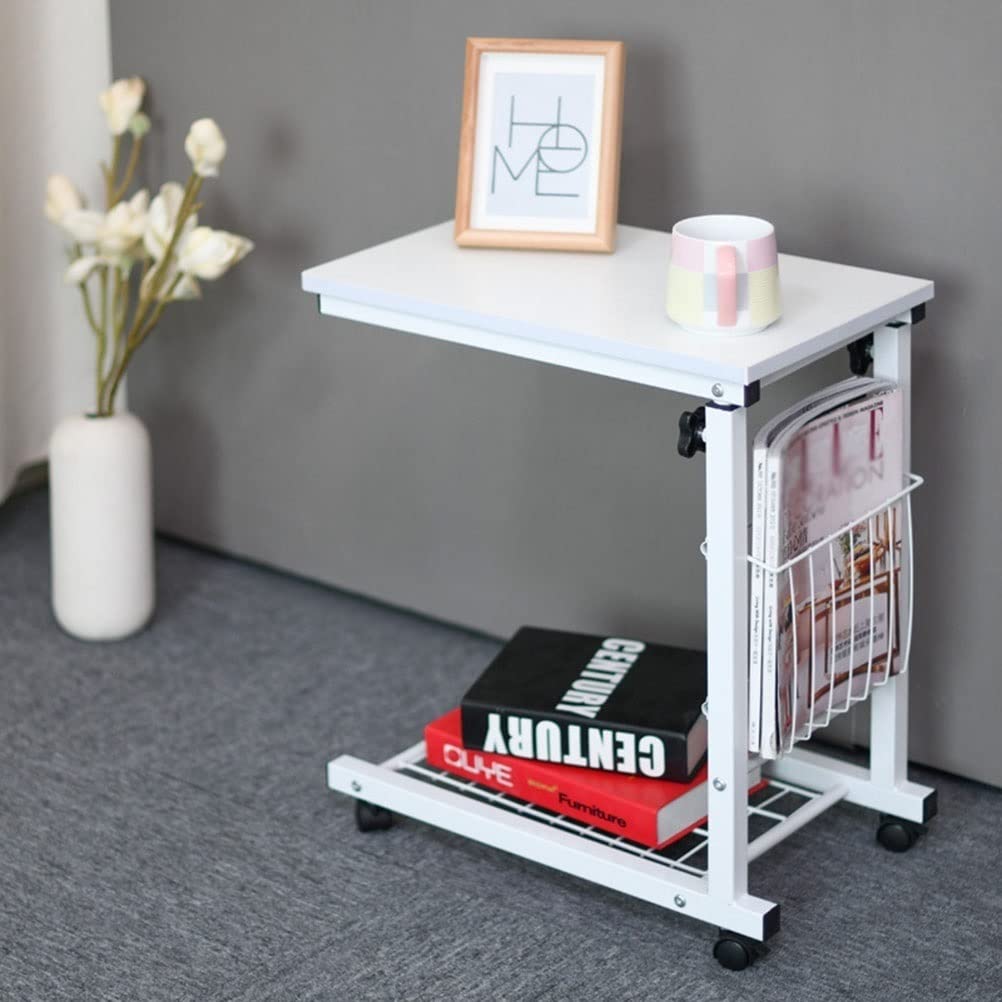 Adjustable Overbed Table with Wheels - Mobile Height Adjustable Laptop Desk for Home Office, Study, Bedroom & Living Room - White Portable Workstation for PC, Notebook & Writing