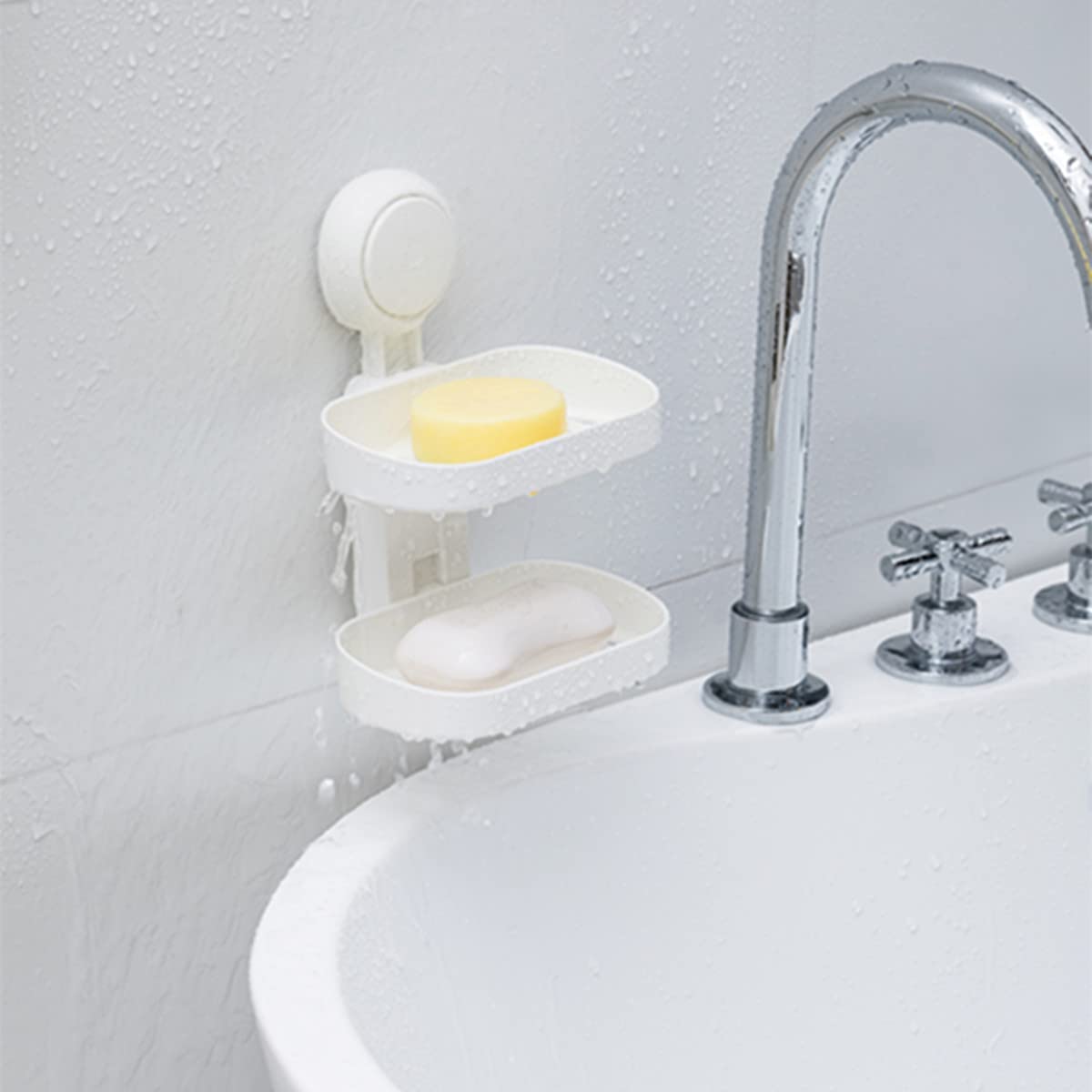 Double Layer Suction Cup Soap Dish - Waterproof Wall Mount Soap Holder for Bathroom, Shower, Kitchen Sink - No Drill Needed, Removable & Durable (White) - Perfect for Small Spaces, RV, Apartment & Dorm Use