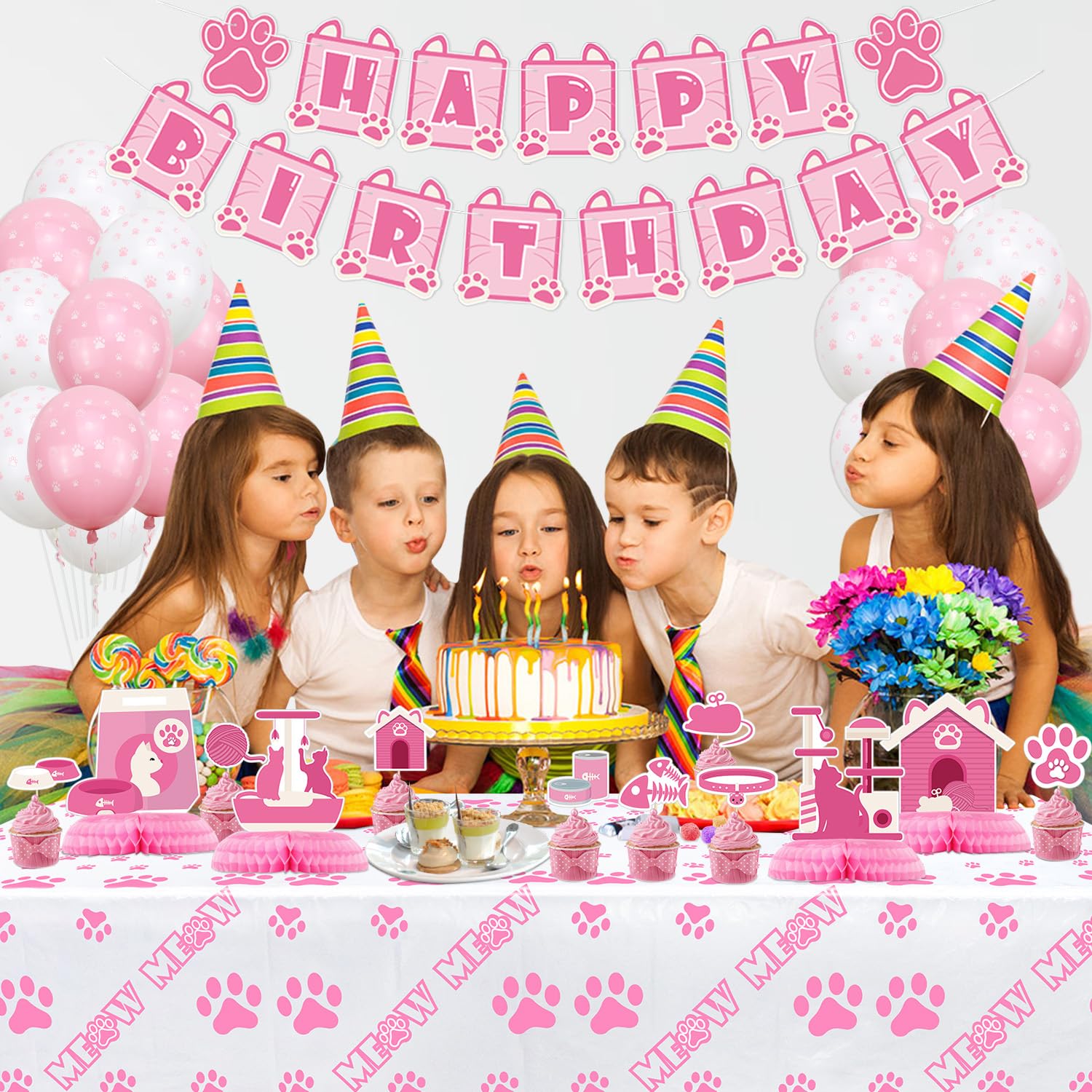 Cat Birthday Party Decorations Set - Pink Cat Banner, Honeycomb Centerpieces, Paw Balloons & Tablecloth for Kids & Cat Lovers | Perfect for Birthday Parties, Baby Showers & Themed Events