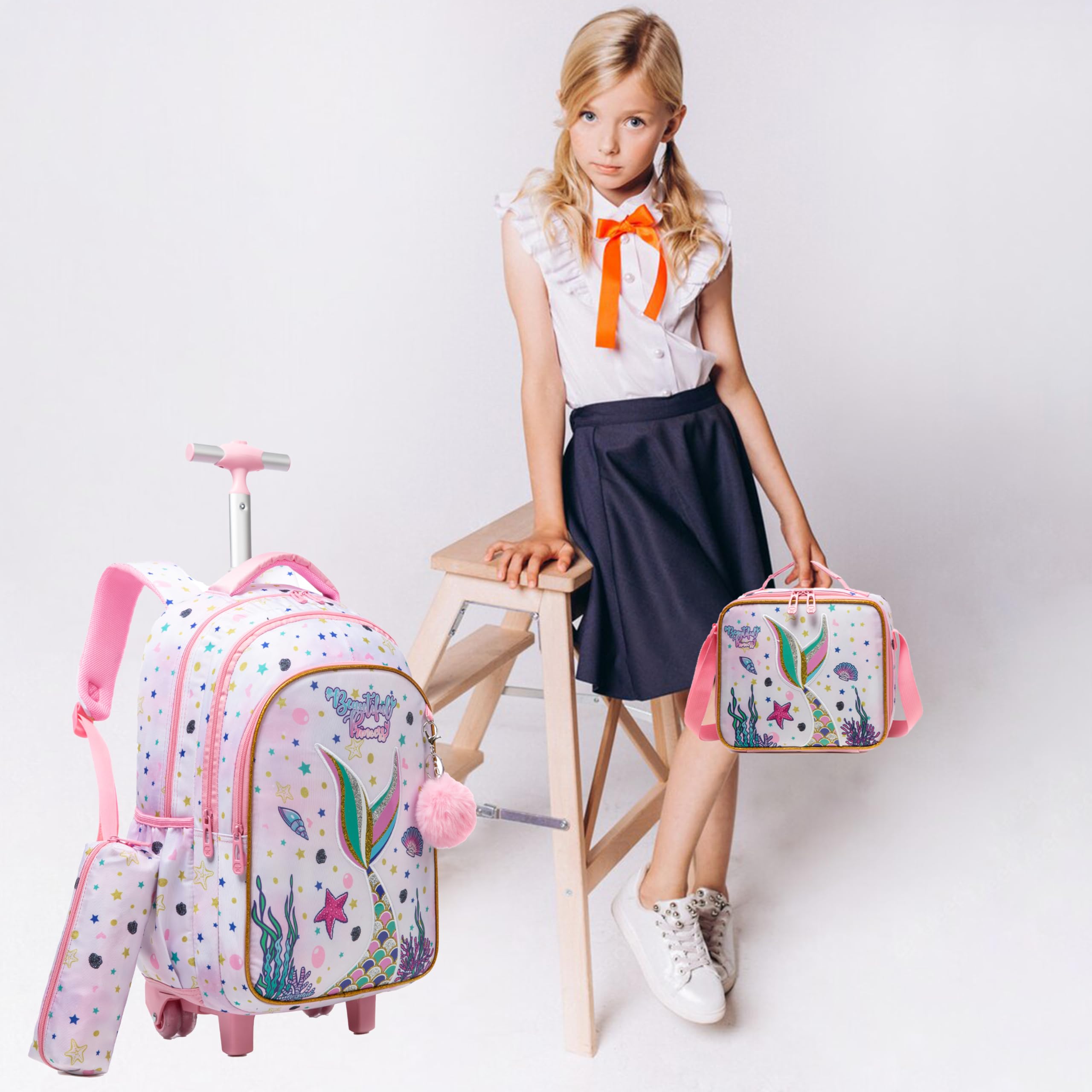Egchescebo Mermaid Rolling Backpack for Girls - Pink Wheeled School Backpack with Lunch Box & Pencil Case, Multiple Compartment Travel Luggage for Elementary Students - Perfect for School, Travel, and Daily Use