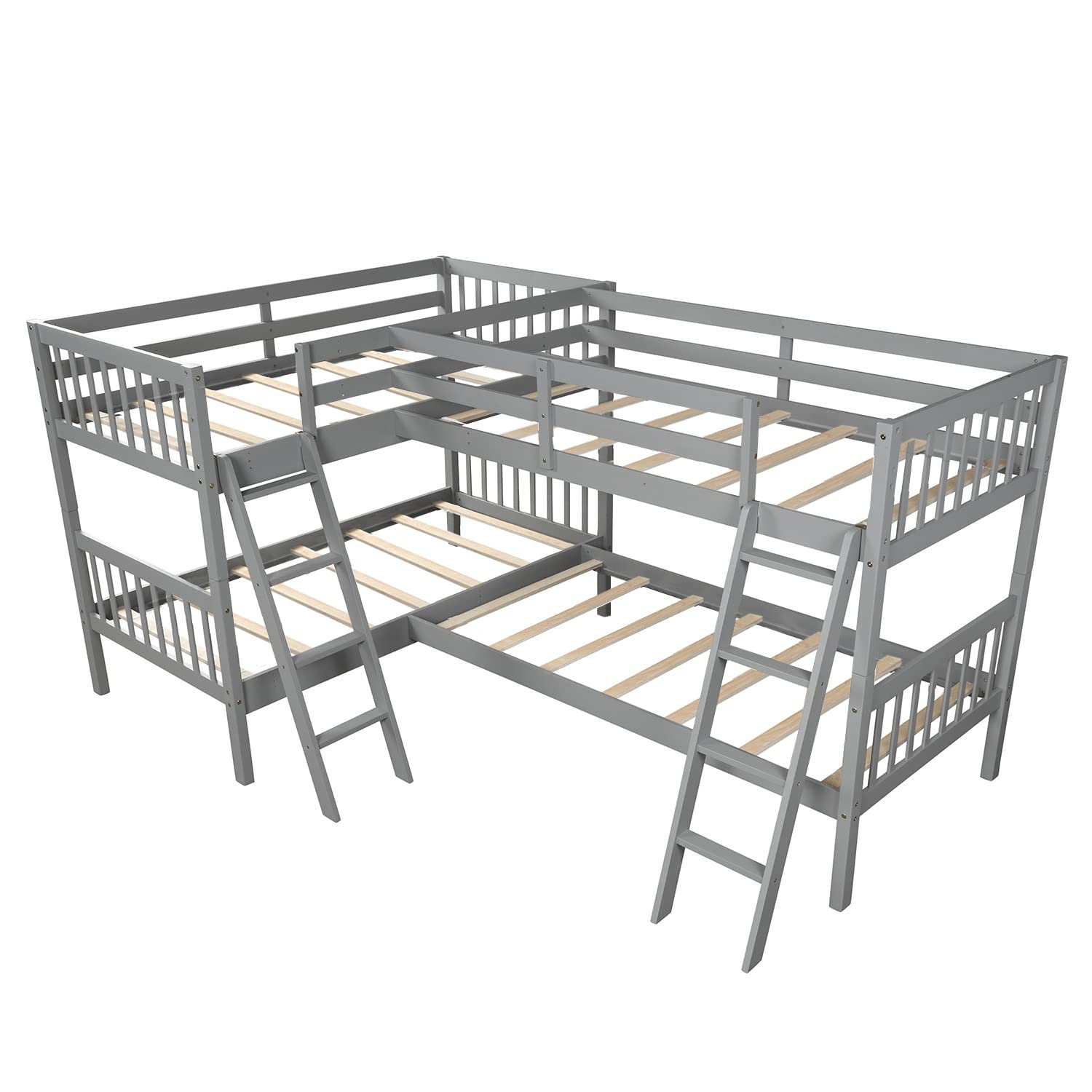 Harper & Bright Designs L-Shaped Quad Bunk Bed for 4 - Twin Size Wooden Bunk Bed Frame for Kids, Teens & Adults - Space-Saving Gray Bedroom Furniture for Small Rooms, Dorms & Vacation Homes
