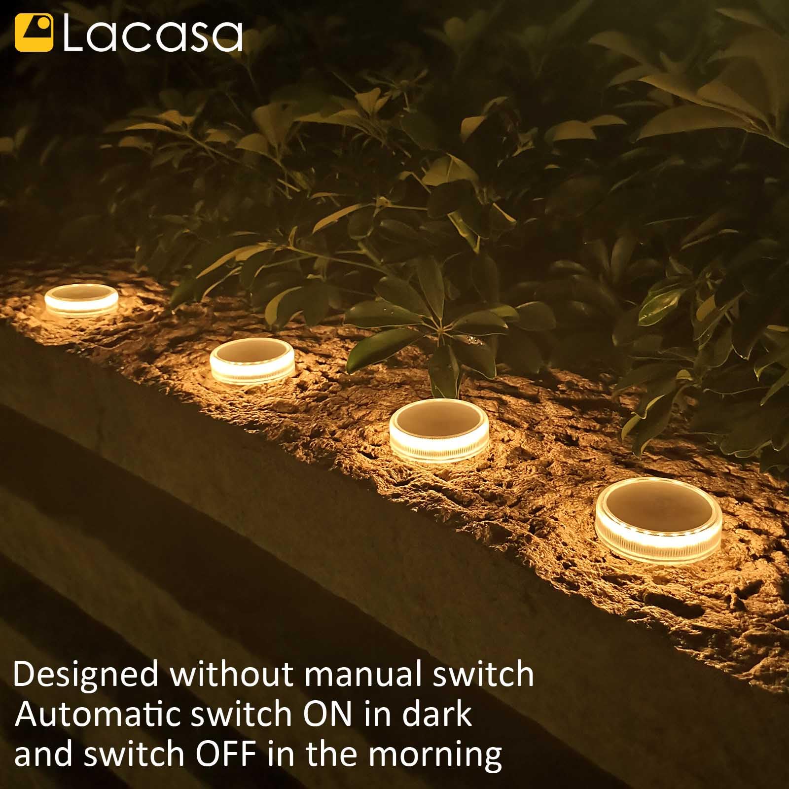 Lacasa 4-Pack Solar Deck Lights Outdoor Waterproof LED - Solar Powered Garden Step Lights for Driveway, Dock, Marine, Yard, Patio & Pathway - Dusk to Dawn Round Warm White Lighting - Perfect for Landscape, Backyard & Outdoor Decor