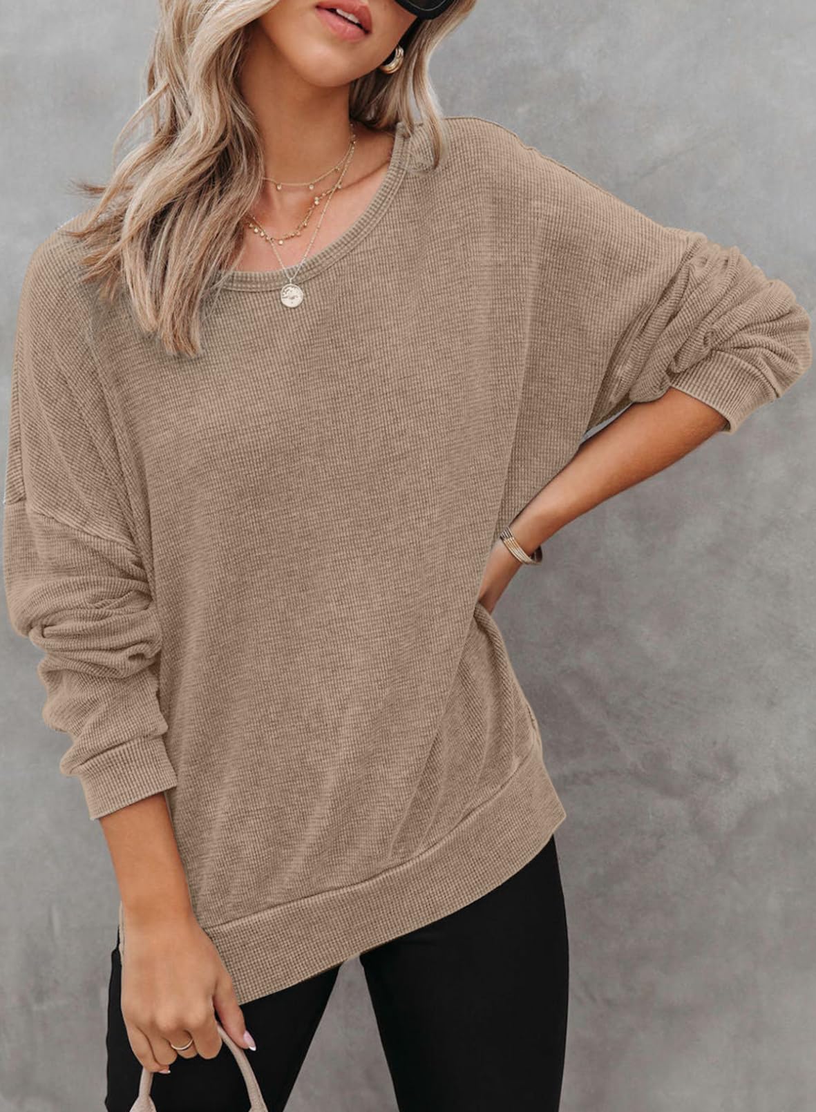Women's Oversized Waffle Knit Sweatshirt - Long Sleeve Crewneck Pullover with Side Slits | Casual Loungewear & Fall Fashion for Everyday Wear