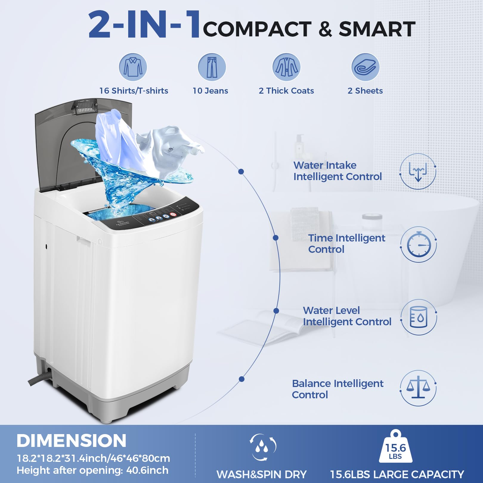 Nictemaw 15.6Lbs Portable Washing Machine - 2.1 Cu.ft Large Capacity Compact Washer with 10 Programs & 8 Water Levels - Perfect for Apartments, Dorms, RVs, Camping & Small Spaces - Energy Efficient Laundry Solution for Home & Travel