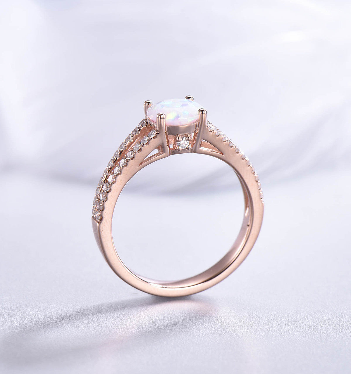 Vintage Opal Engagement Ring - Split Shank Round Cut Opal Wedding Band in Rose Gold | Perfect for Proposals, Anniversaries & Romantic Occasions