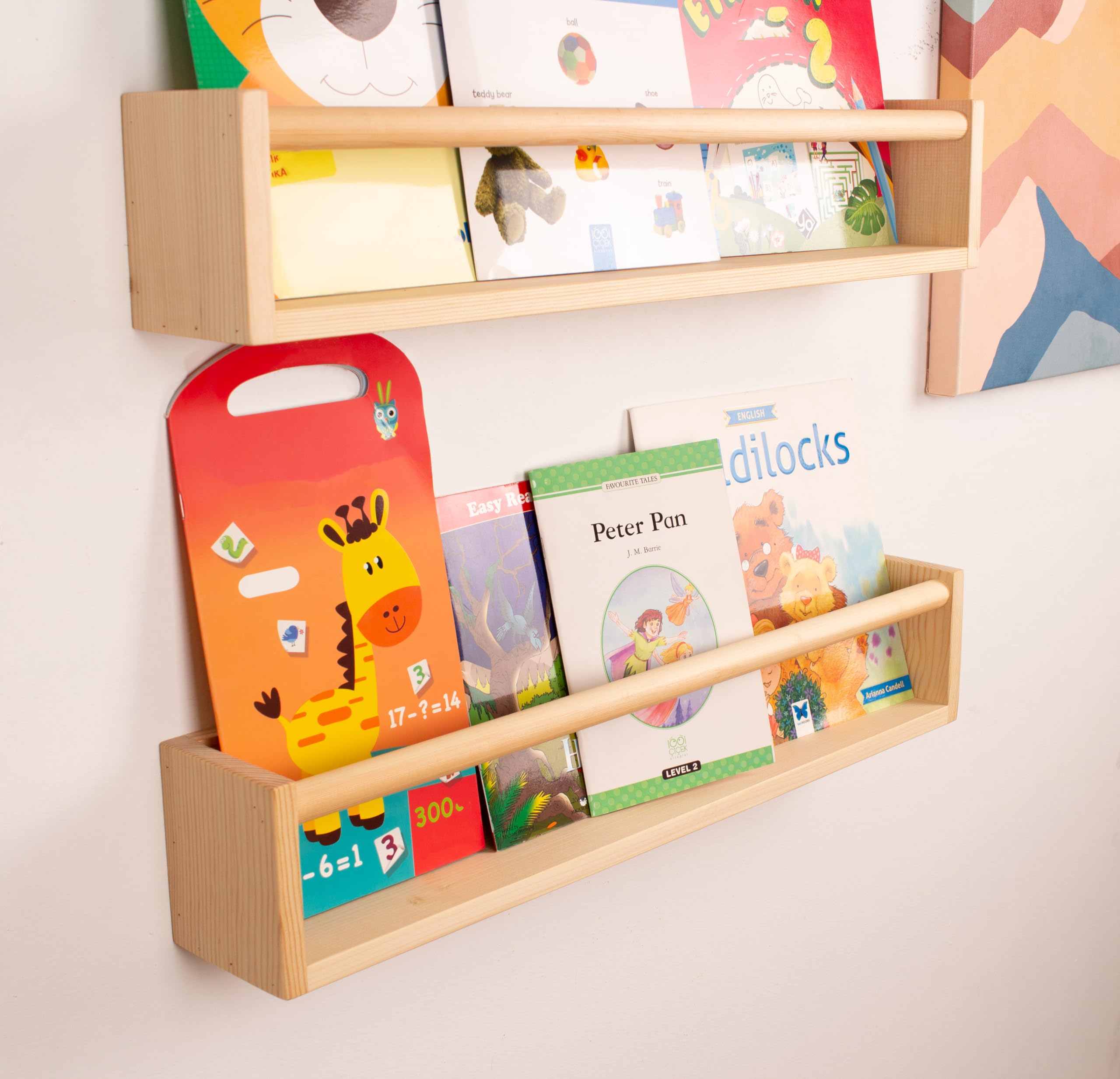 Natural Wood Floating Wall Shelves - 24 Inch 2 Pack for Nursery, Kids Room, Kitchen Spice Rack & Living Room Decor | Space-Saving Bookshelves & Stylish Storage Solution for Home Organization