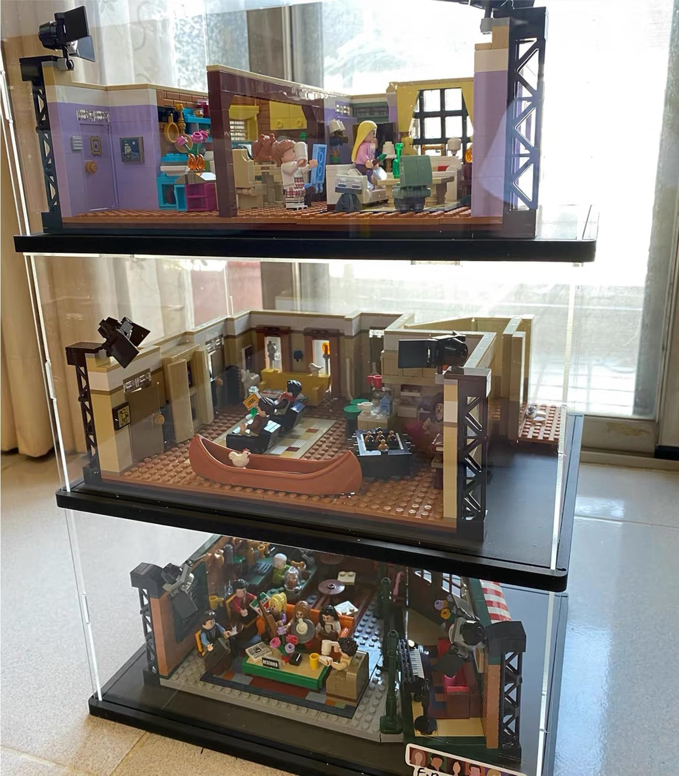 Premium Clear Acrylic Display Case for Lego Sets 21319 Central Perk, 10330, 10321, 10337 - Thickened Transparent Collector's Box with Wood-Plastic Base & LED String Lights (Black Interior, 13.8 x 9.8 x 5.9 Inches) - Perfect for Showcasing Lego Collectibles in Home, Office, or Retail Displays