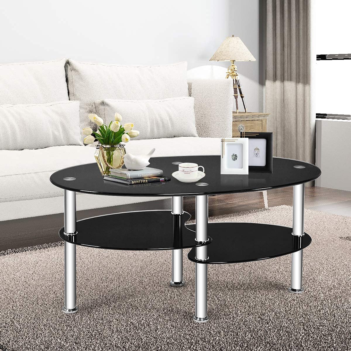 Modern 3-Tier Oval Glass Coffee Table - Moccha Design with Spacious Tempered Glass Top & Sturdy Chrome Legs - Perfect for Living Room, Office, Reception Area - Black End Table for Coffee, Books & Home Decor