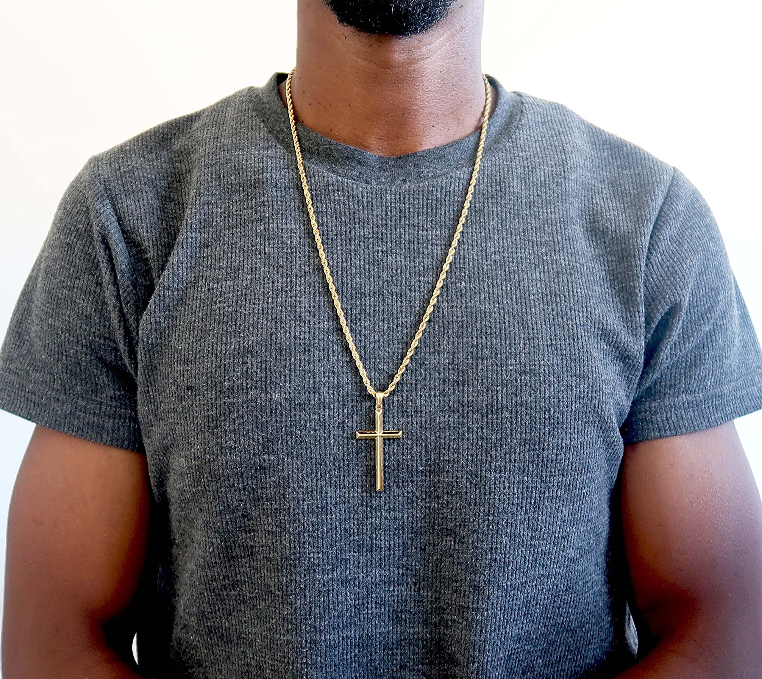 14K Gold Rope Chain Cross Pendant Necklace for Men - 3mm Thin Religious Jewelry with Diamond Cut Beveled Edge - Perfect Gift for Husband, Father's Day, Baptism & Church Occasions