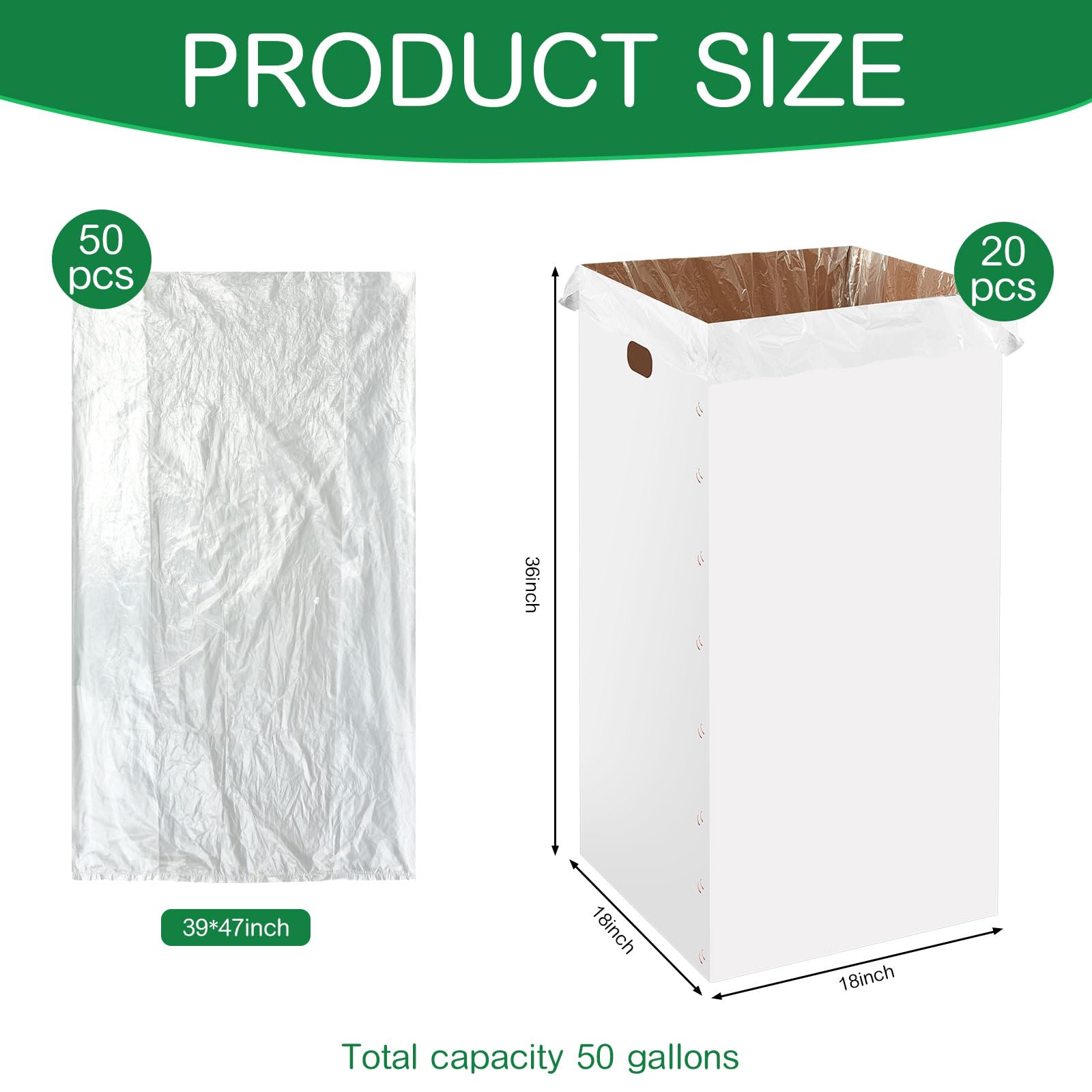 20-Pack 50 Gallon Disposable/Reusable Corrugated Cardboard Trash Cans with 50 Trash Bags - 18