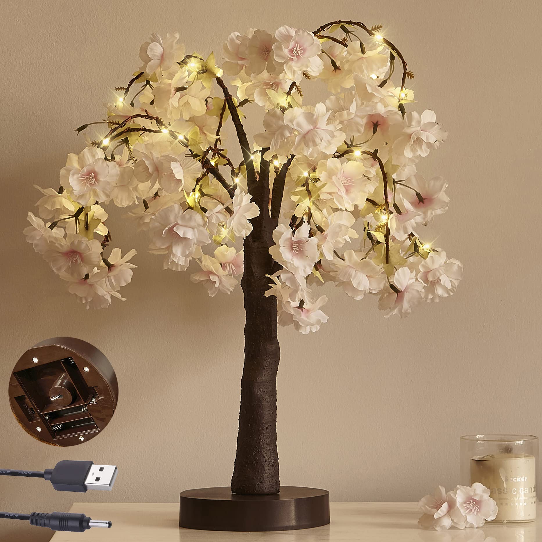 LITBLOOM 18IN Pink LED Cherry Blossom Tree with Timer - 40 Warm White Lights, USB/Battery Powered Artificial Bonsai for Wedding, Party, Home, Birthday Decor - Perfect for Tabletop, Bedroom, and Garden Ambiance