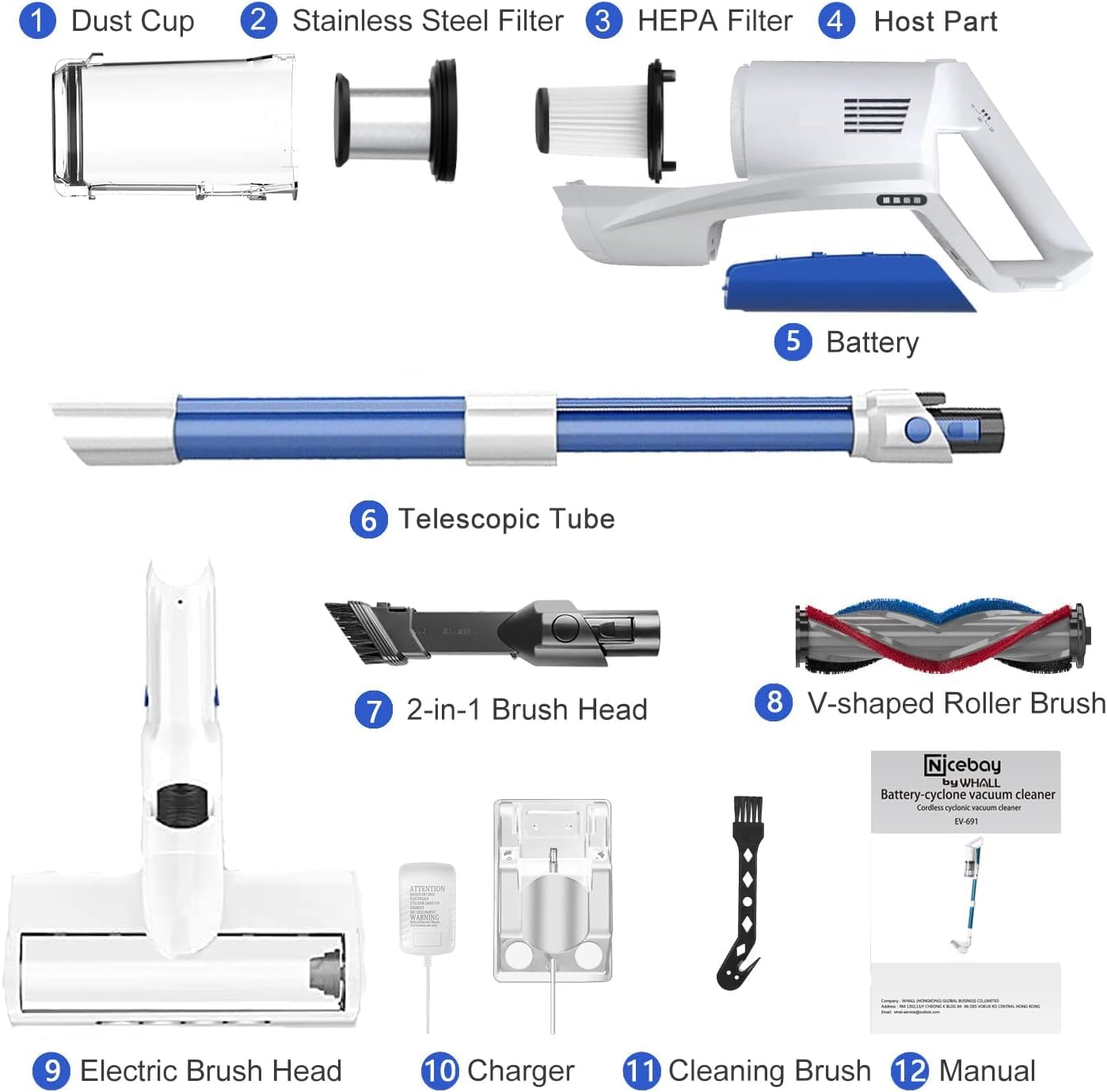 Whall Cordless Vacuum Cleaner - Powerful 25Kpa Brushless Motor, Lightweight Stick Vacuum for Home, Pets, Carpet & Hard Floors | 55 Min Runtime, White | Perfect for Quick Cleanups & Pet Hair Removal