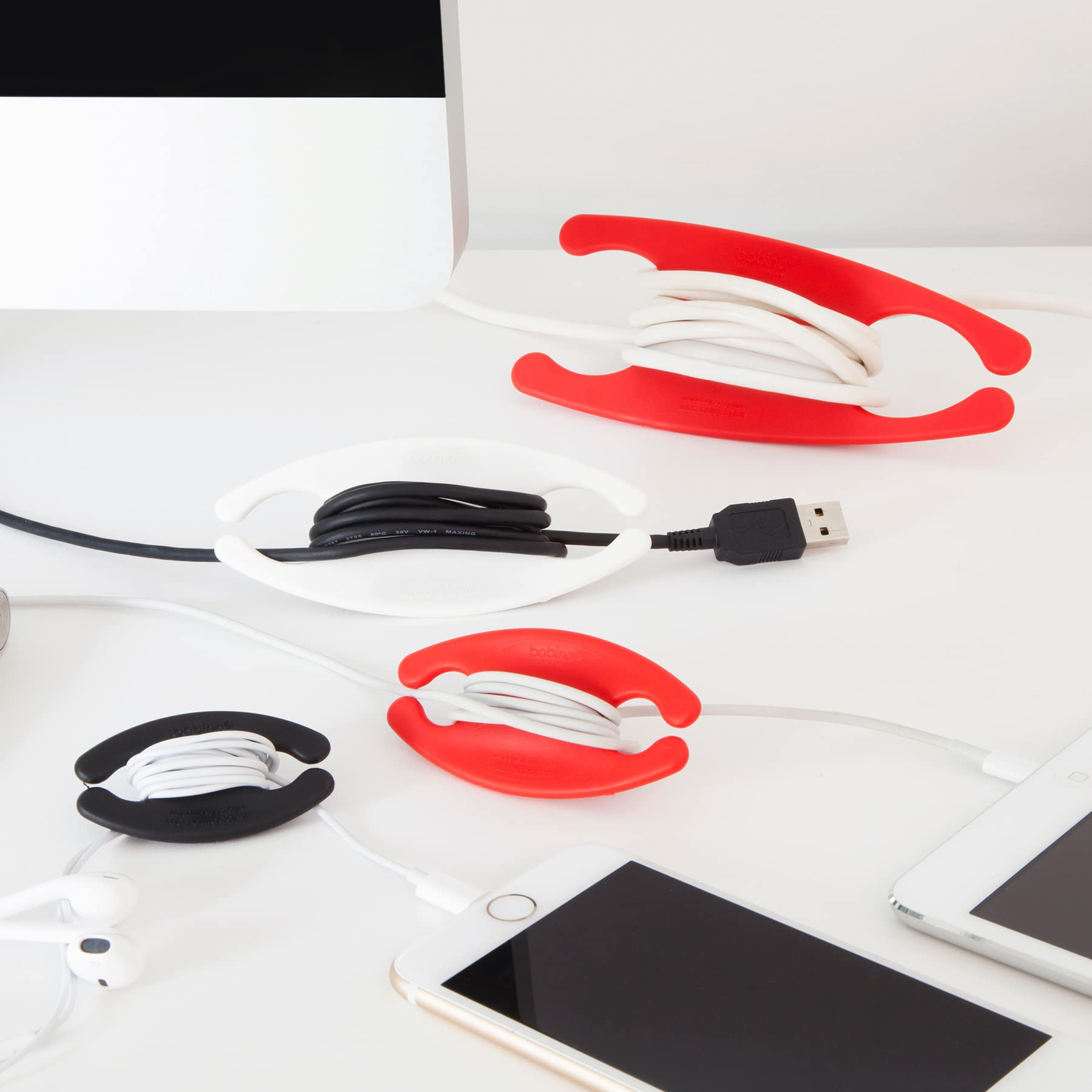 Bobino Cord Wrap & Organizer - 3 Pack Medium Cable Management for Desk Accessories | Under Desk Wire Holder & Cord Ties | Perfect for Home Office, Gaming Setup & Workspace Organization