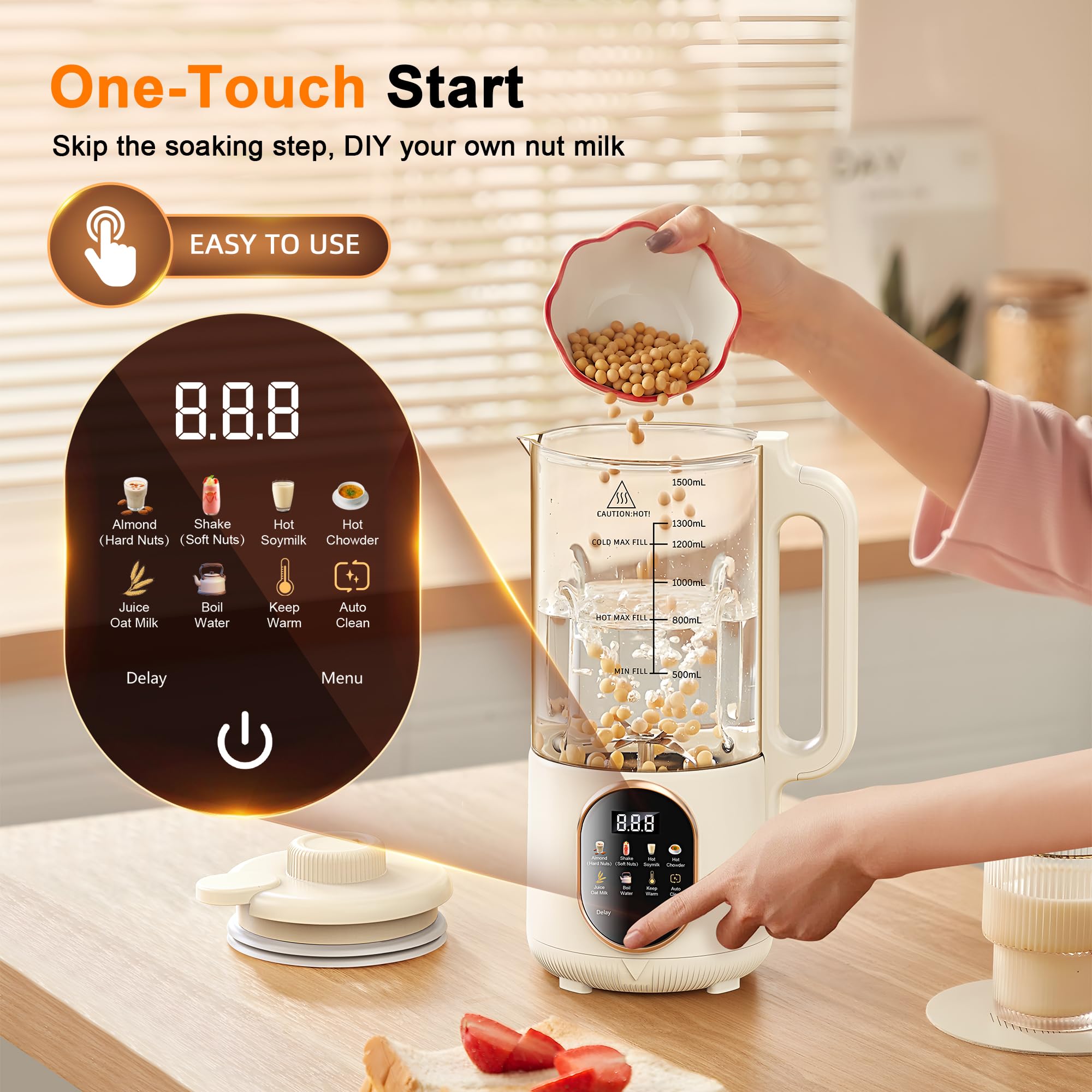 50oz Nut Milk Maker Machine - 10-in-1 Automatic Plant-Based Milk Maker for Homemade Oat, Almond, Coconut, Soy Milk with 20 Blades | Delay Start, Boil Water, Keep Warm & Auto Clean | Perfect for Vegan, Keto & Healthy Lifestyles | Great for Smoothies, Lattes & Cooking