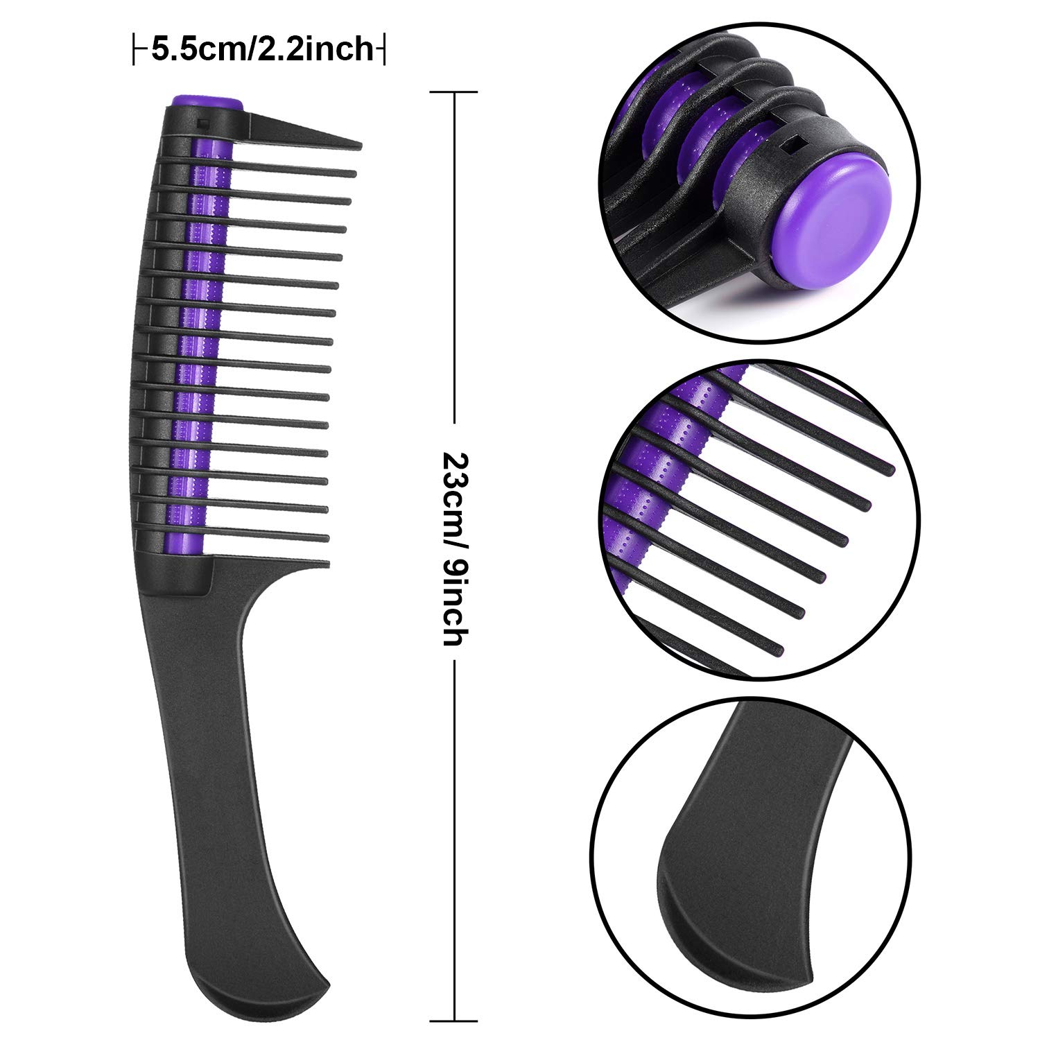 3 Pack Hair Combs with Rollers - Detangling & Anti-Splicing Salon Combs for Barber, Hair Dye & Styling - Black & Purple Professional Hair Tools for Smooth Blowouts & Color Application