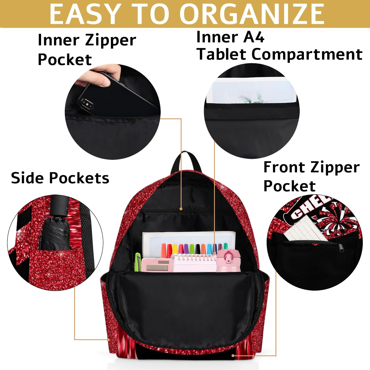 Red Glitter Cheerleader Backpack for Girls - Lightweight Toddler & Preschool Bookbag for School, Kindergarten, Travel | Perfect for Cheer Practice, Daycare & Everyday Use