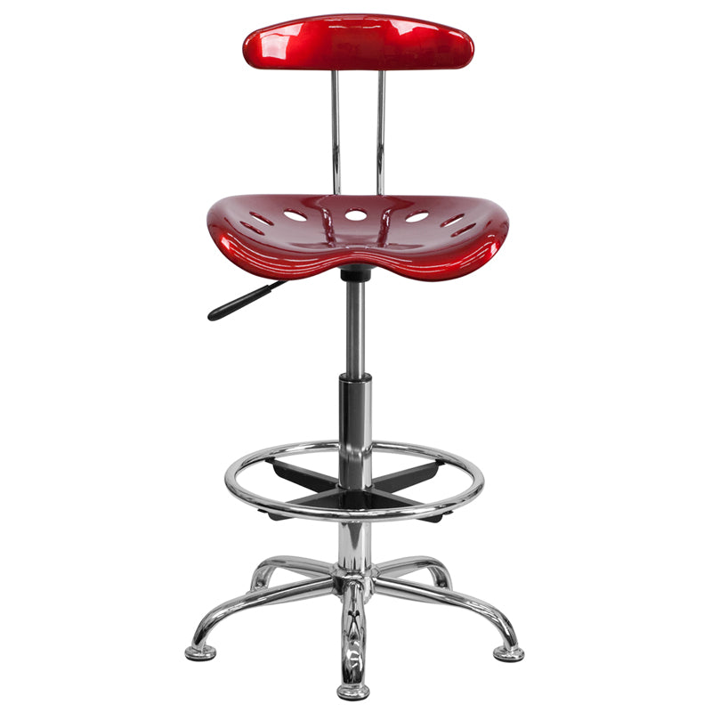 FLASH Bradley Vibrant Violet and Chrome Drafting Stool with Tractor Seat - Adjustable Height Bar Stool for Home Office, Art Studio & Industrial Workspaces