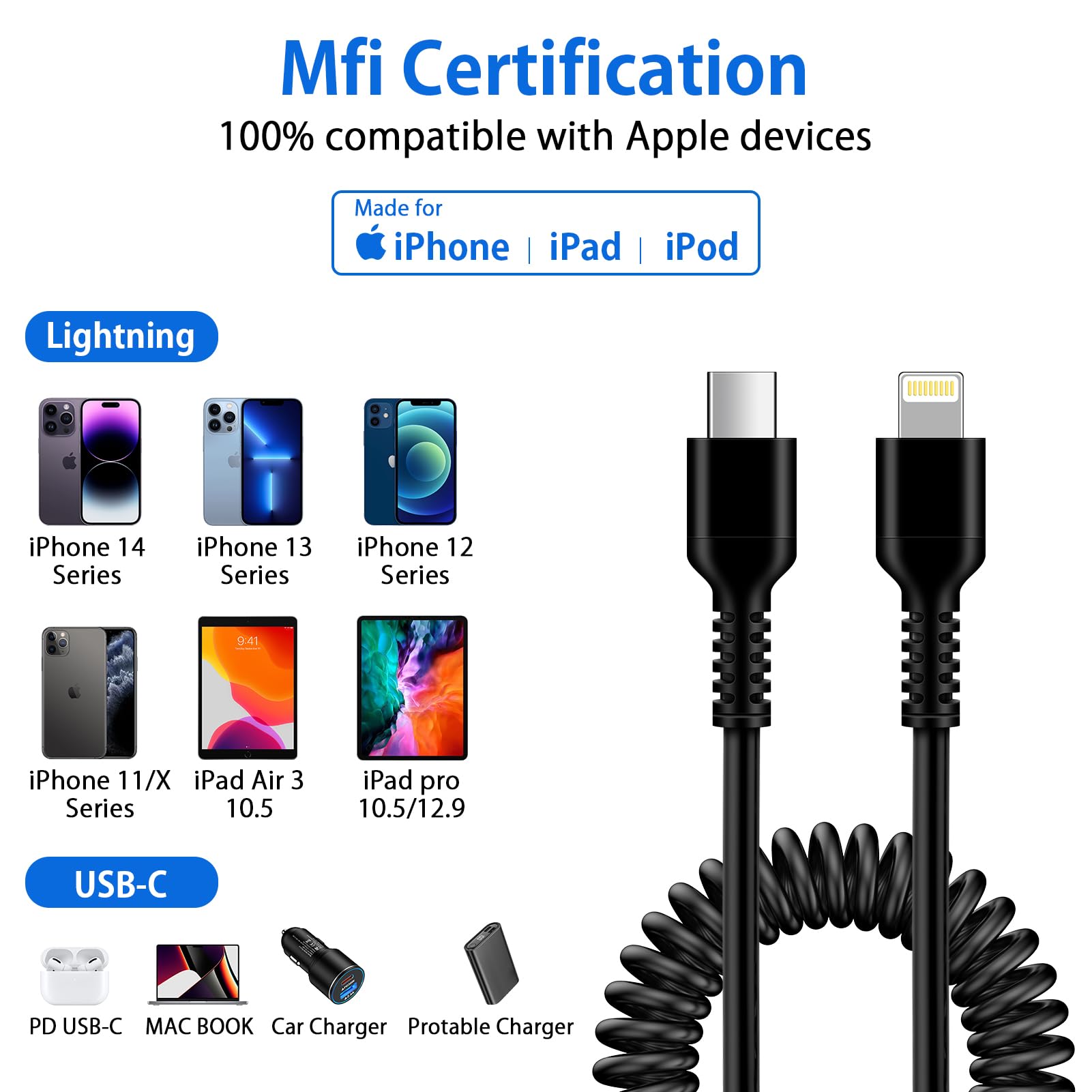 MFi Certified Coiled USB C to Lightning Cable - 3ft Short Retractable iPhone Car Charger for Apple CarPlay, Fast Charging & Data Sync Compatible with iPhone 14/13/12/11, iPad & iPod (Perfect for Cars, Travel & Home Use)