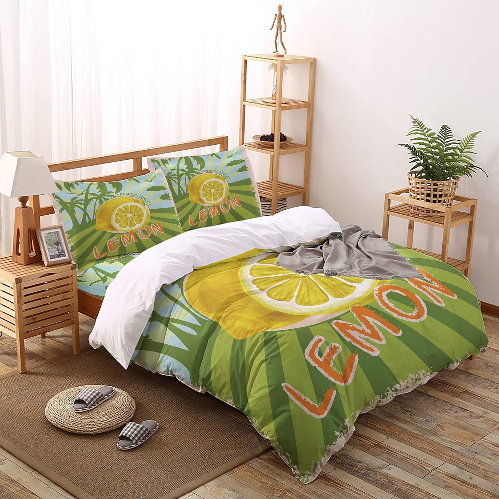 Aomike 4-Piece King Size Duvet Cover Set - Tropical Lemon Palm Tree Design, 100% Breathable Cotton, All-Season Bedding (1 Duvet Cover + 1 Flat Sheet + 2 Pillowcases) | Perfect for Beach House, Summer Decor & Guest Room Makeover