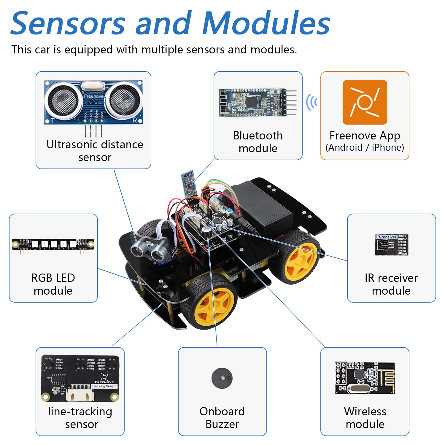 Freenove 4WD Smart Robot Car Kit with Arduino IDE Compatibility - Remote Control, Line Tracking, Obstacle Avoidance, Ultrasonic Sensor & Wireless Motor Servo | STEM Learning, DIY Robotics Projects for Beginners & Hobbyists