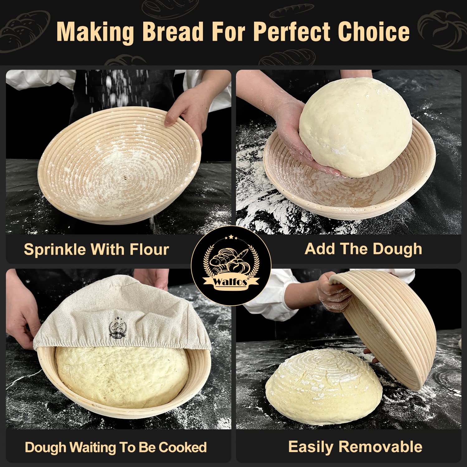 Walfos 9 Inch Round Banneton Proofing Basket Set - Natural Rattan Sourdough Bread Basket for Home & Professional Baking - Includes Handcrafted Bread Lame, Dough Scraper & Linen Cloth Liner - Perfect for Artisan Bread Making & Bakery Use