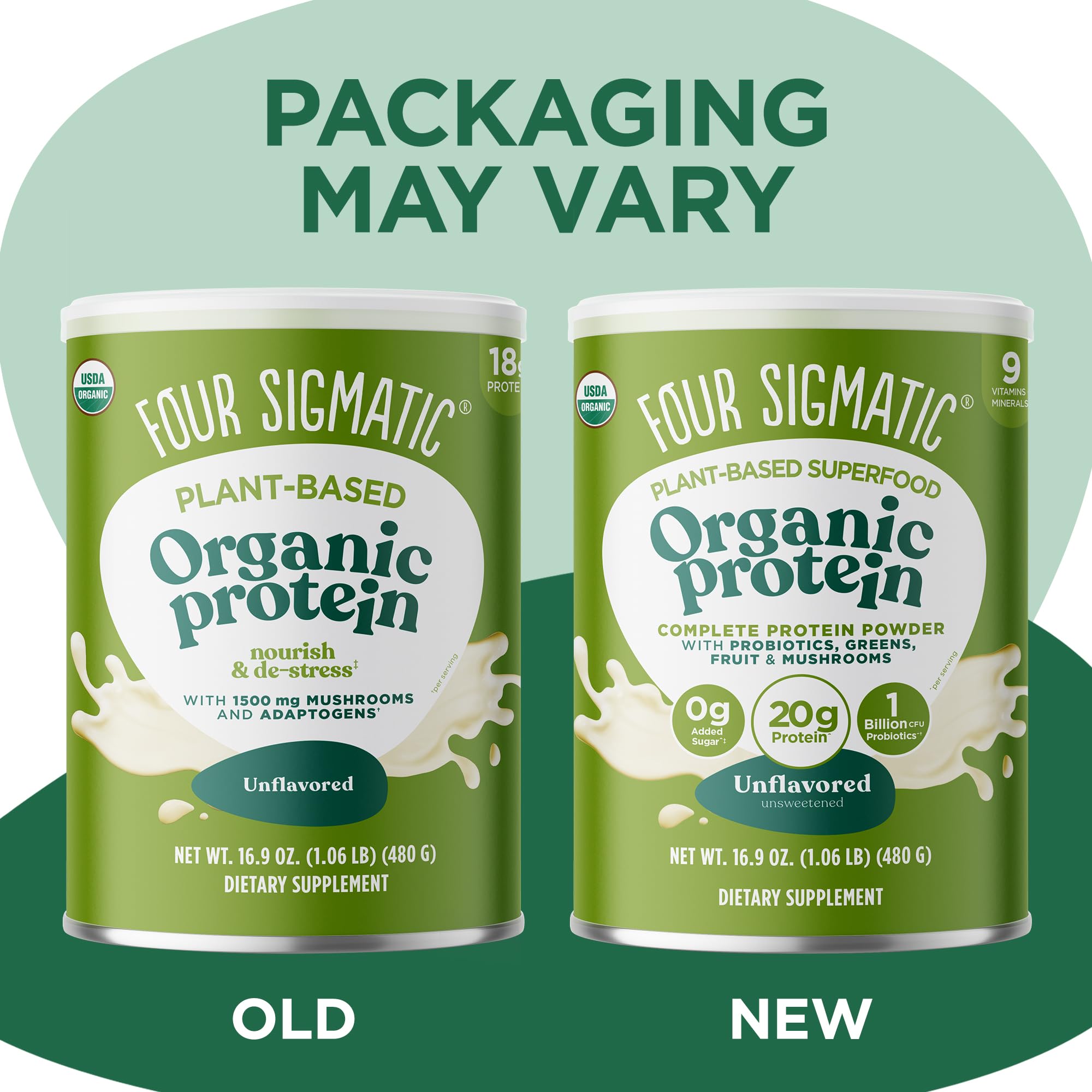 Four Sigmatic Organic Plant-Based Protein Powder - Unflavored Vegan Protein with Lion’s Mane, Chaga & Cordyceps Mushrooms | Brain Function & Immune Support Supplement | 16.9 oz | Ideal for Smoothies, Post-Workout Recovery & Healthy Meal Replacement