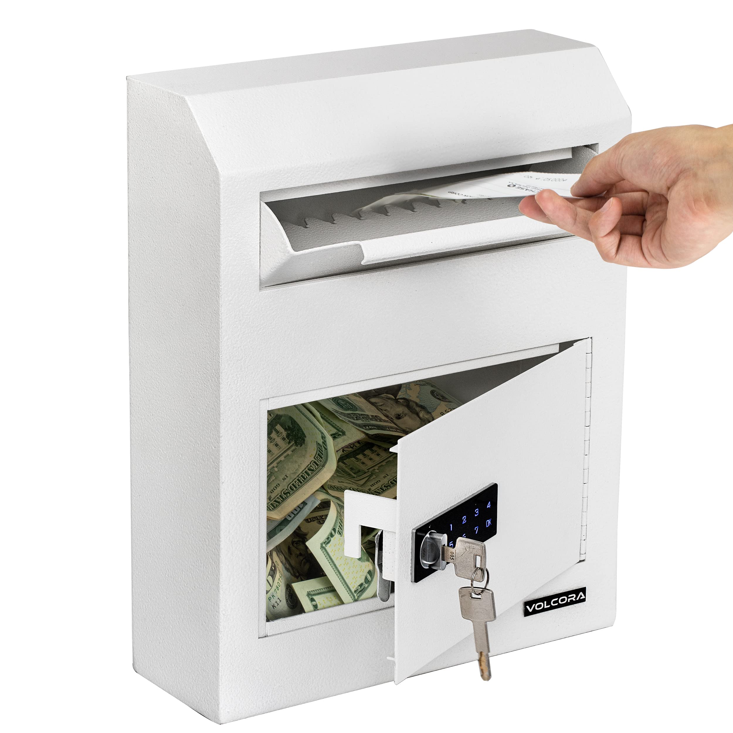 Volcora Digital Keypad Drop Box with Lock - Secure Money & Key Depository Safe for Business - Wall Mount Mailbox with Programmable Electronic Lock - Ideal for Office, Retail & Home Use - White