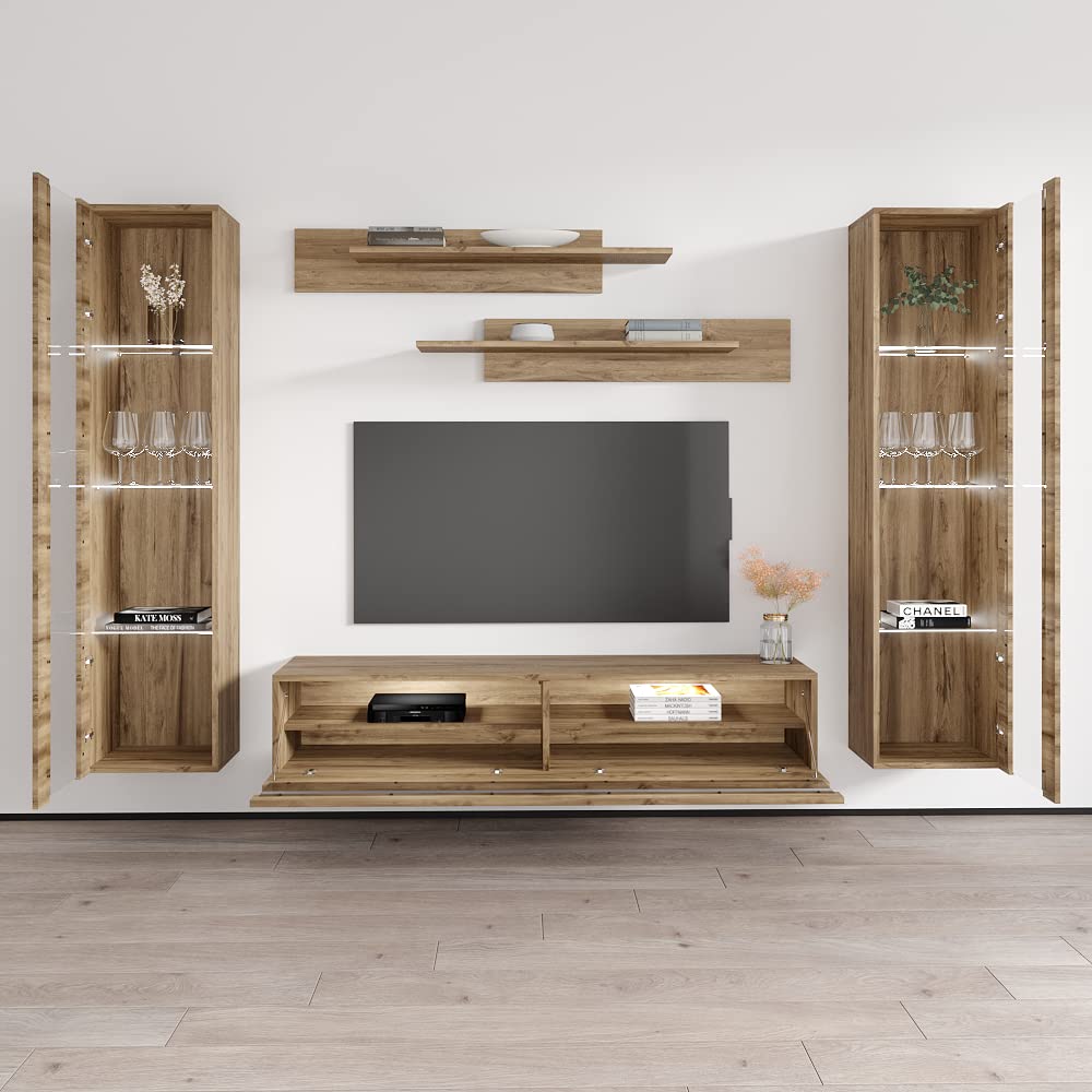 Modern Floating TV Stand with Storage & LED Lights - Wall-Mounted Entertainment Center for Bedroom & Living Room - Oak Wood TV Console with Shelves - Perfect for Small Spaces & Home Theater Setup