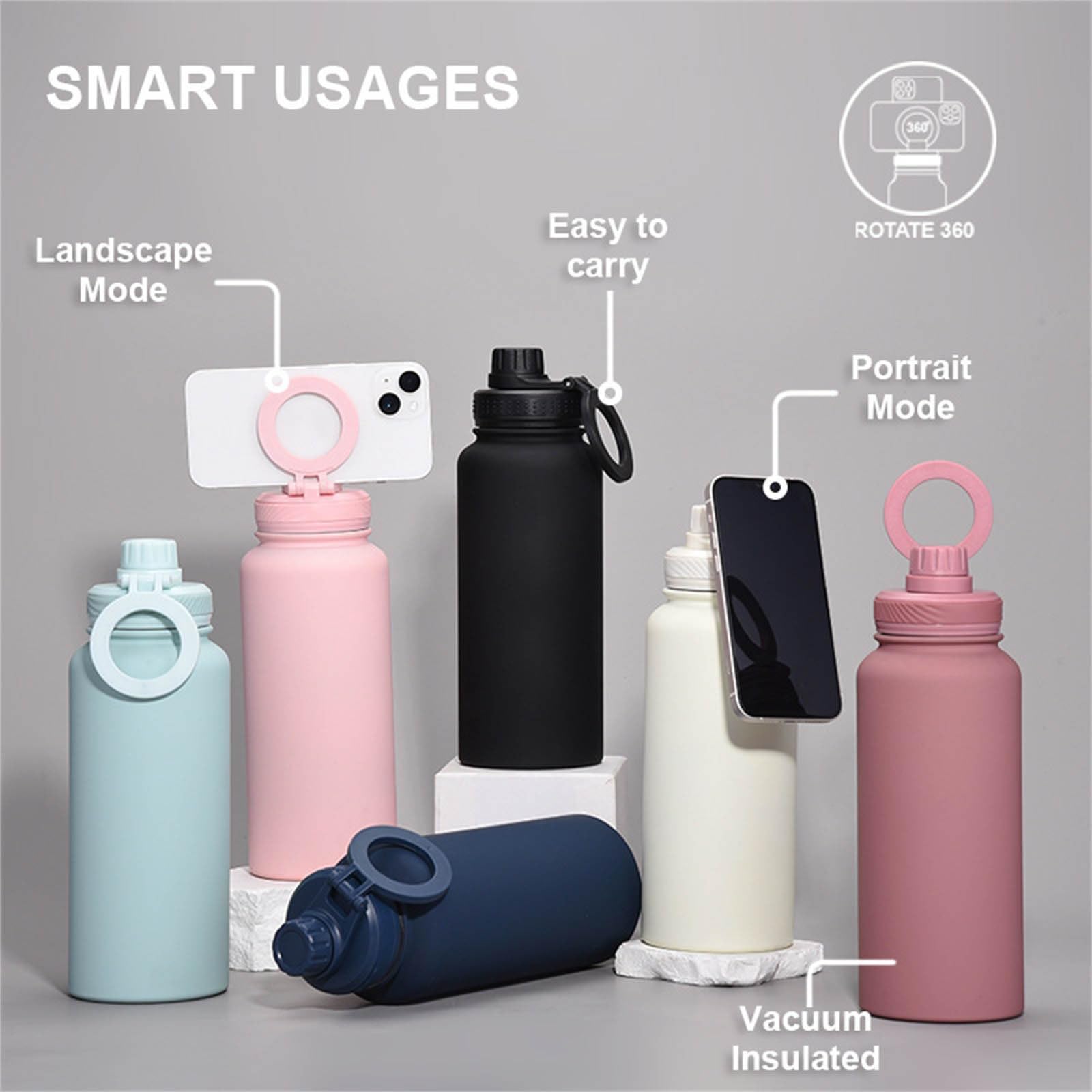 Premium Stainless Steel Insulated Water Bottle with Magnetic Phone Tripod Mount - 24oz Vacuum Flask with Adjustable Phone Holder & Leakproof Lid - Perfect for Gym, Hiking, Camping & Outdoor Activities (Black)