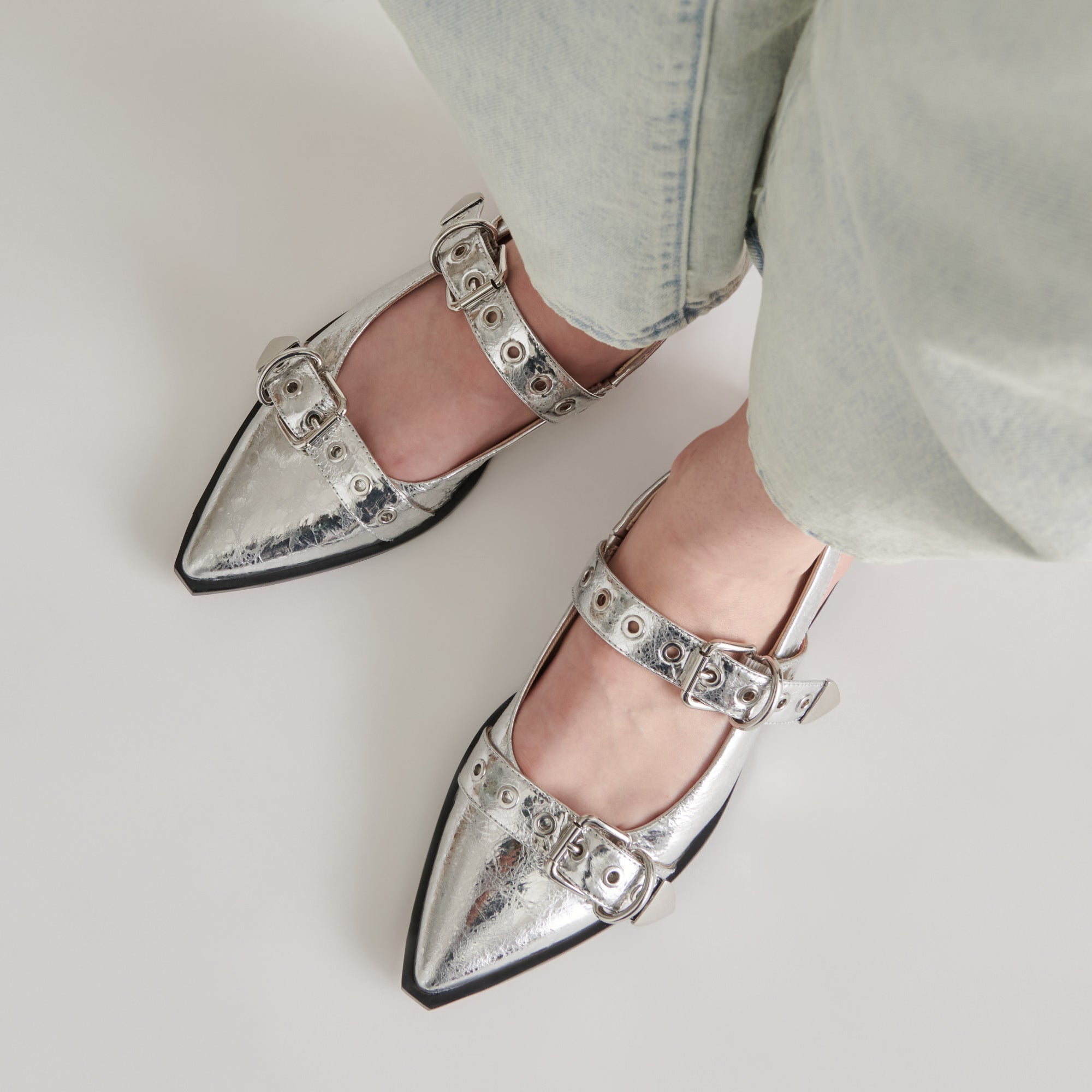 LABELL FLATS Silver Distressed Leather Women's Shoes - Comfortable & Stylish for Casual Wear, Office, and Everyday Outfits