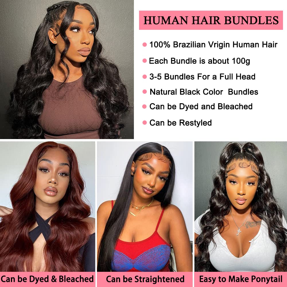 26 28 30 Inch Brazilian Body Wave Human Hair Bundles - 100% Unprocessed Virgin Hair (300g, 3 Bundles, 10A Grade) - Natural Black Color Hair Extensions for Styling, Volume & Length - Perfect for Daily Wear, Parties & Special Occasions