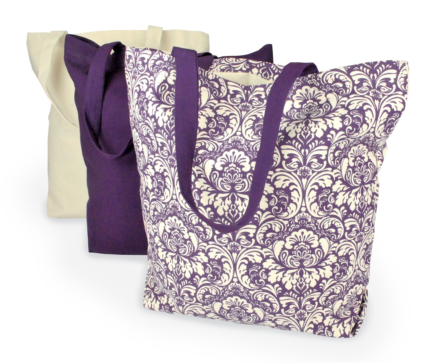 DII CAMZ33546 Heavy Duty Reusable Cotton Shopping Tote Bags - Set of 3 (Natural & Eggplant Damask) - Machine Washable Eco-Friendly Grocery Bags for Shopping, Farmers Market & Beach Trips