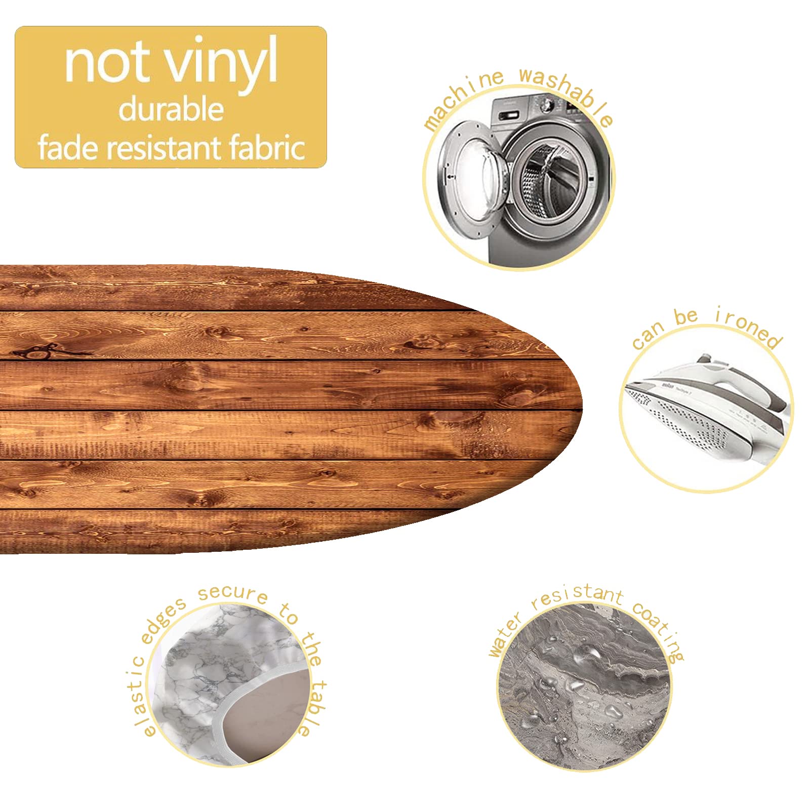 Farmhouse Style Wood Grain Elastic Edge Table Cover - Fitted Oval Tablecloth for Outdoor Picnic, Patio Party & Indoor Dining - Fits Tables Up to 42