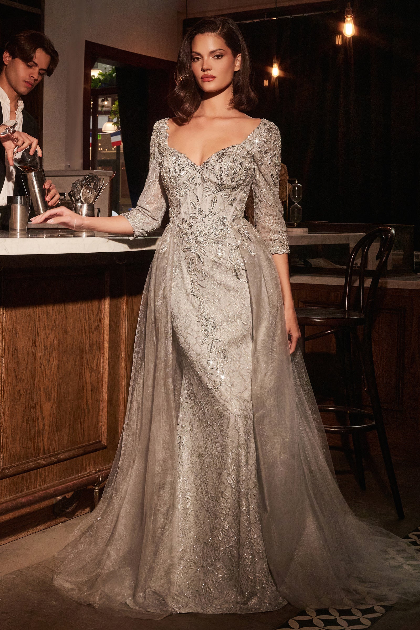 Elegant Liesel Gown - Long Sleeve Lace Fitted Dress with Detachable Overskirt for Women | Perfect for Weddings, Parties & Formal Events