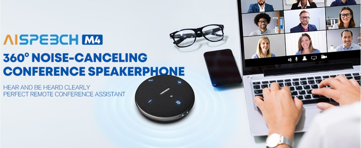 AISPEECH M4 Bluetooth Conference Microphone with AI Noise Cancellation & Transcription - USB, 360° Voice Pickup, Duplex Speaker for Online Meetings, Webinars & Remote Work