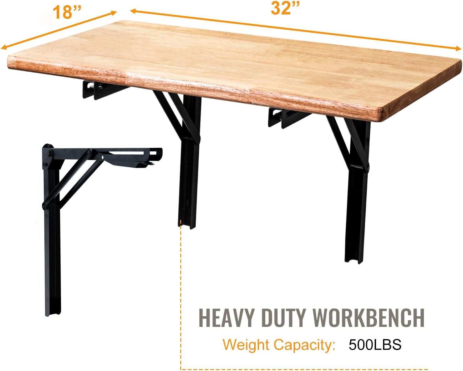 Wallmaster Heavy Duty Wall Mounted Folding Workbench - 32 x 18 Inch Fold Down Utility Table with Metal Shelf Bracket | Space-Saving Laundry Shelf, Garage Workbench & Wall Desk for Small Spaces