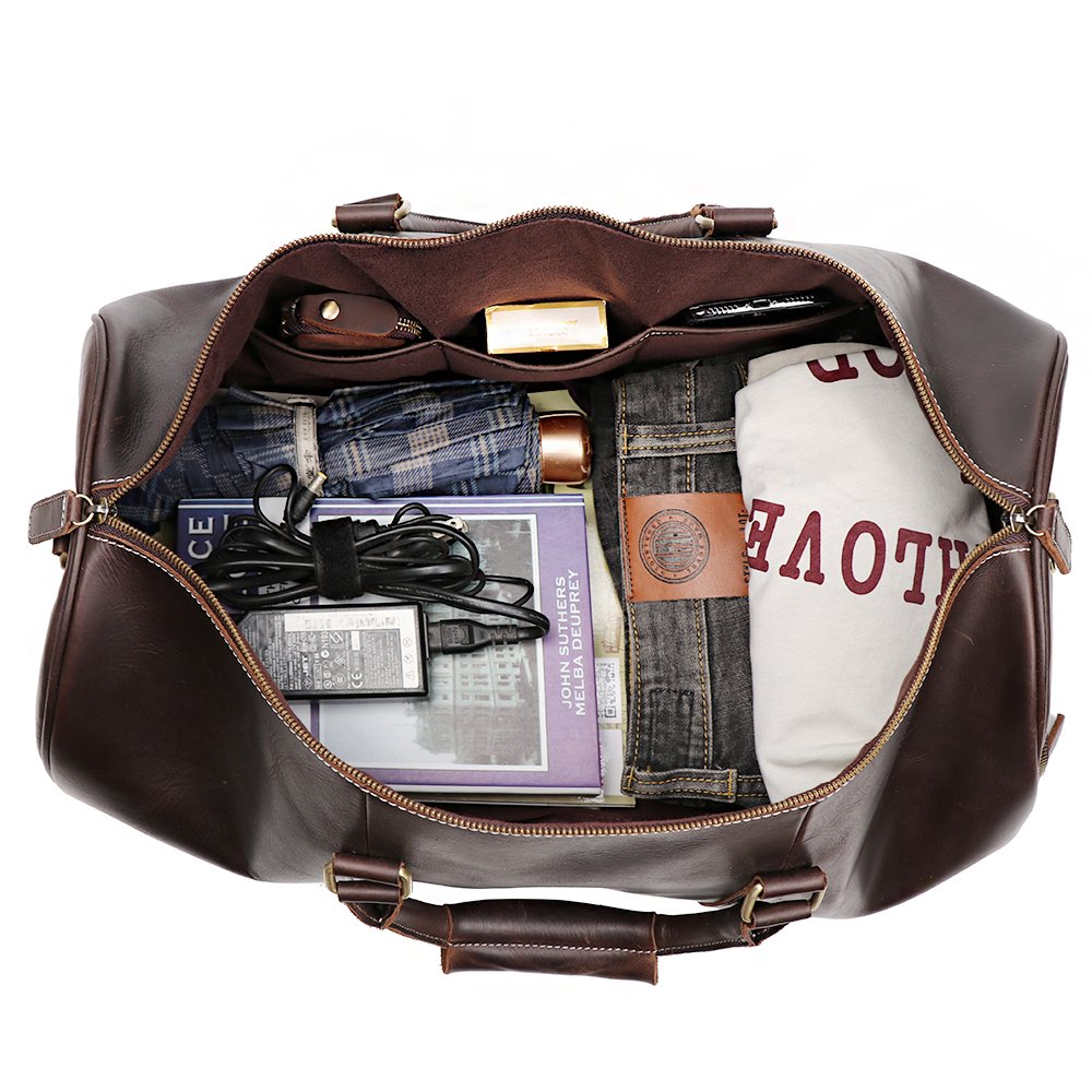 Vintage Leather Duffle Bag for Men - Travel Carry On Luggage with Side Pockets, Dark Brown | Perfect for Business Trips, Gym & Weekend Getaways