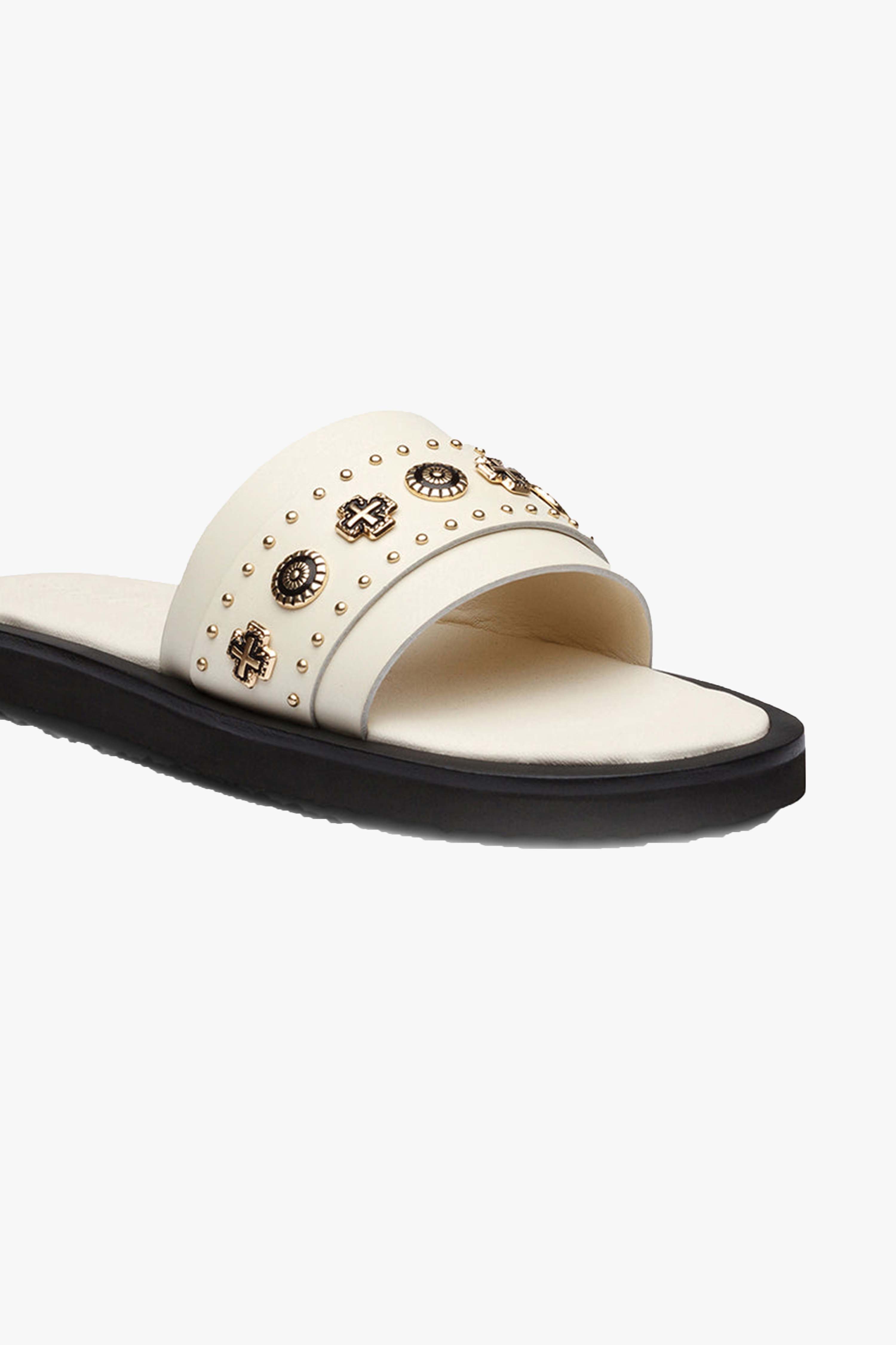 Cleo Off White Leather Slide Sandals with Gold Charms - Women's Fashion Slides for Summer, Beach & Casual Wear