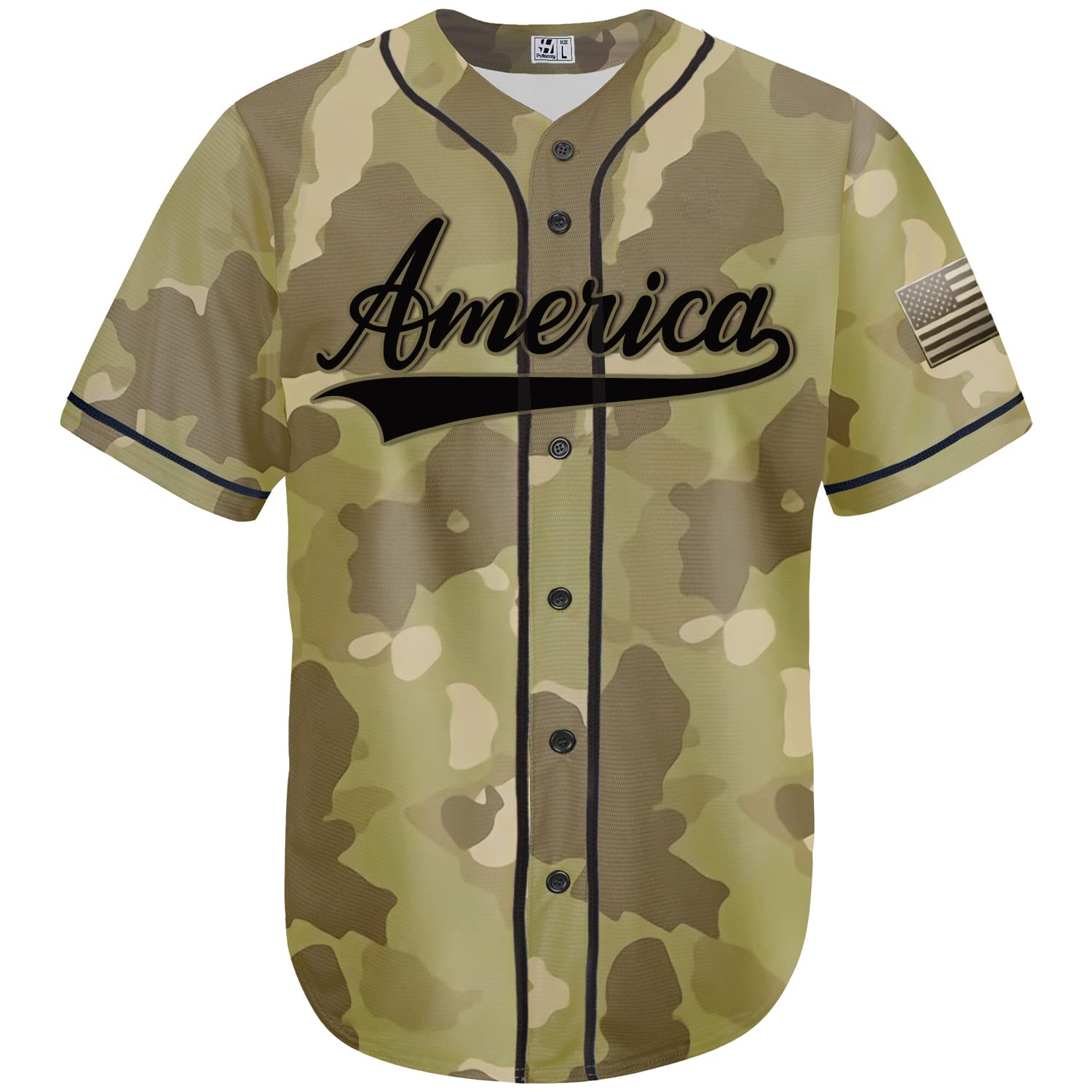 Pullonsy Camo USA Flag Army Baseball Jersey for Men - Patriotic Dad Shirt, Adult Sizes - Perfect for 4th of July, Veterans Day & Baseball Games