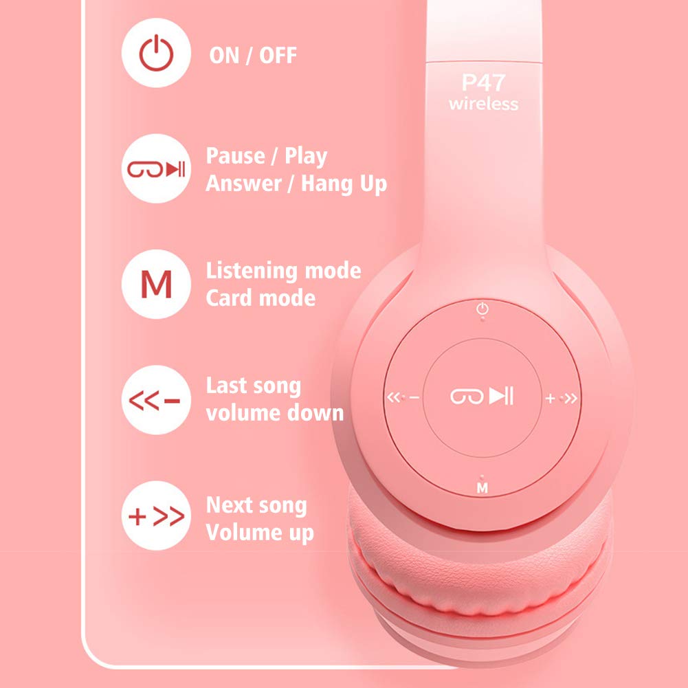 LED Cat Ear Bluetooth 5.0 Wireless Headphones for Kids & Adults - Foldable Gaming Headset with Built-in Mic, Noise Cancelling Over-Ear Design (Pink) - Perfect for Gaming, Online Classes & Music Listening