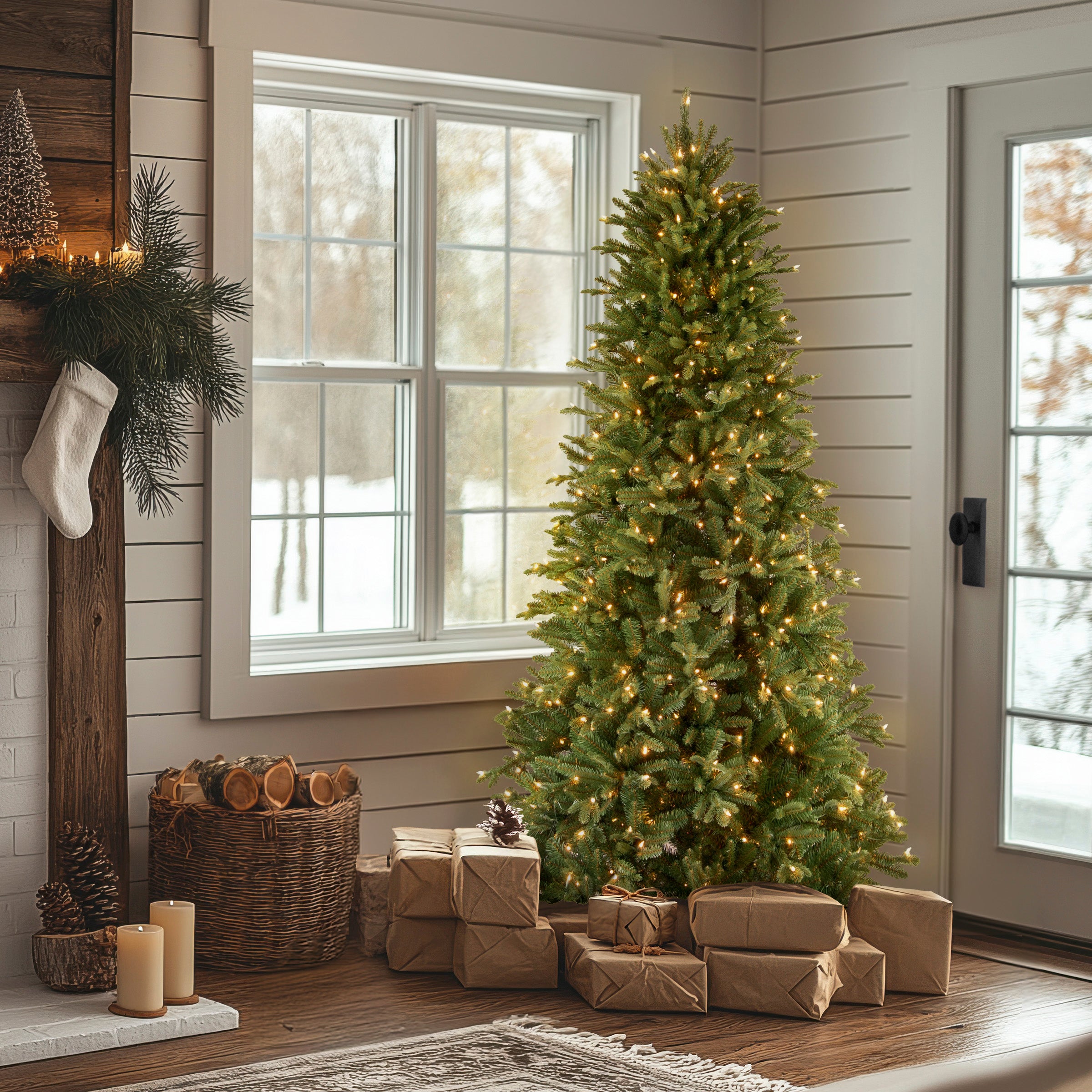 6.5 ft Pre-Lit Tiffany Fir Slim Christmas Tree with Clear LED Lights & PE Branch Tips - Perfect for Small Spaces, Apartments, and Holiday Decorations