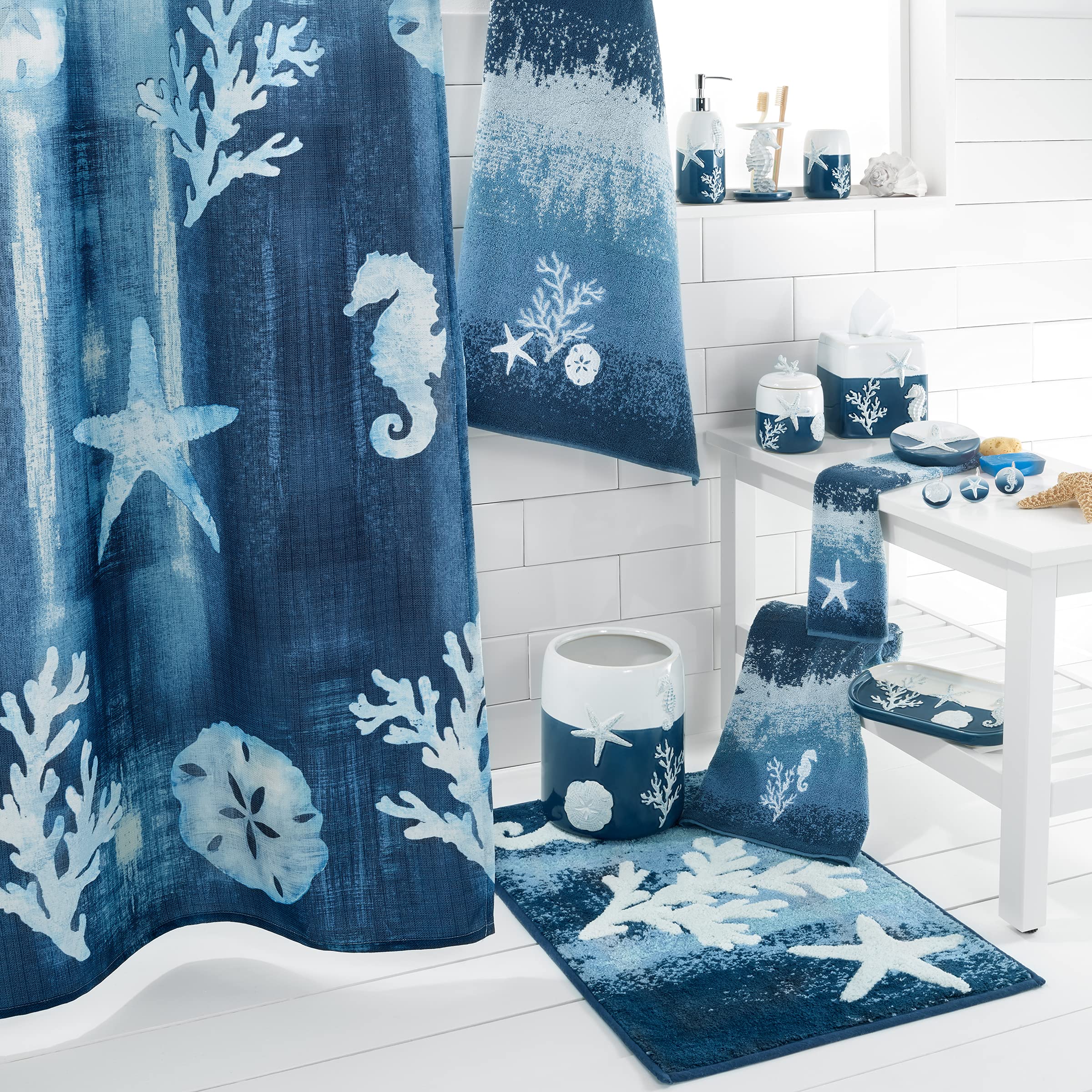 Avanti Linens 4-Piece Bathroom Accessory Set | Ocean Inspired Batik Coastal Decor | Matching Soap Dispenser, Toothbrush Holder, Tumbler & Tray | Perfect for Coastal, Beach House or Nautical Themed Bathrooms
