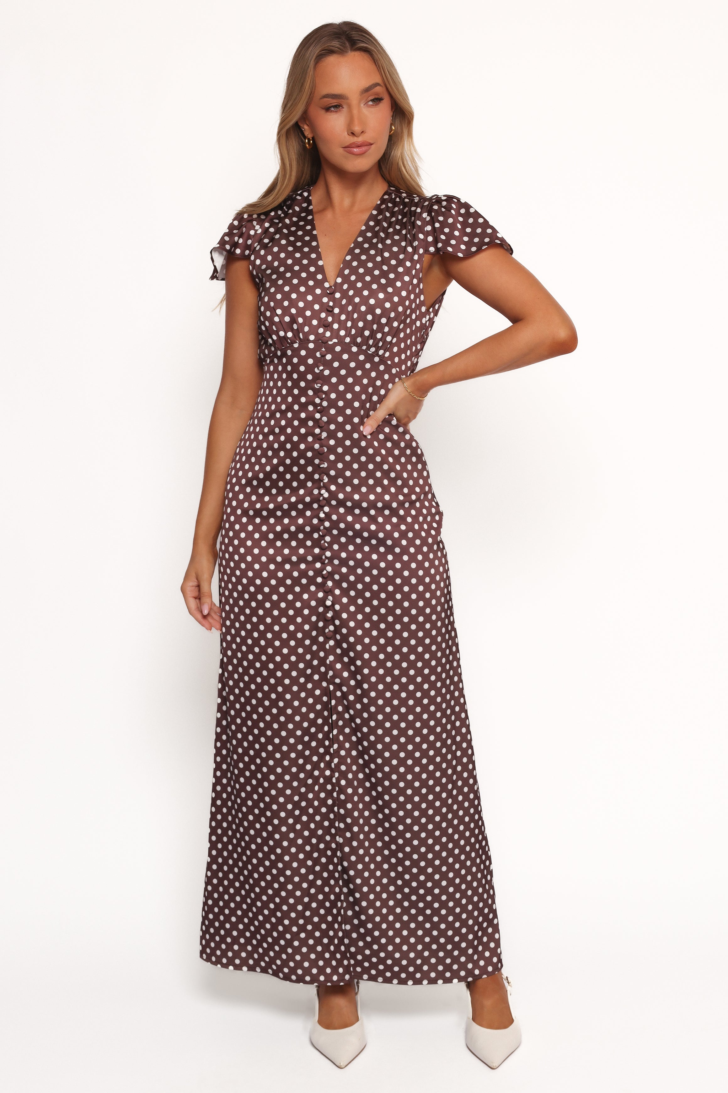 Dean Maxi Dress - Brown Polka Dot Flowy Long Dress for Women, Summer Beach Wedding Party Wear, Boho Chic Style