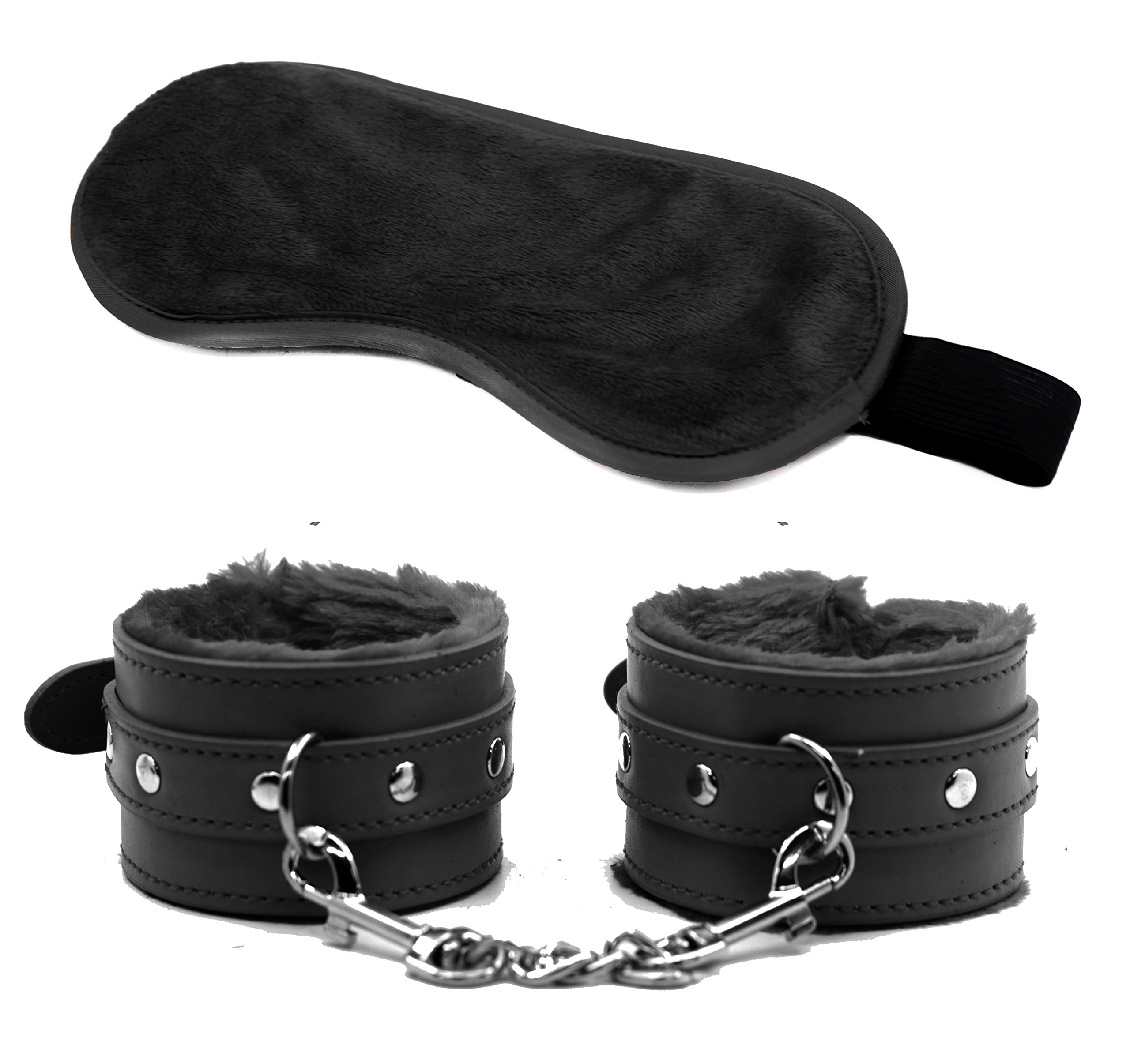 Adjustable Fur Leather Handcuffs & Velvet Blindfold - BDSM Bondage Set for Couples, Sensual Play, Role Play, Spicing Up Romance - Perfect for Valentine's Day, Anniversary Gifts & Bedroom Accessories