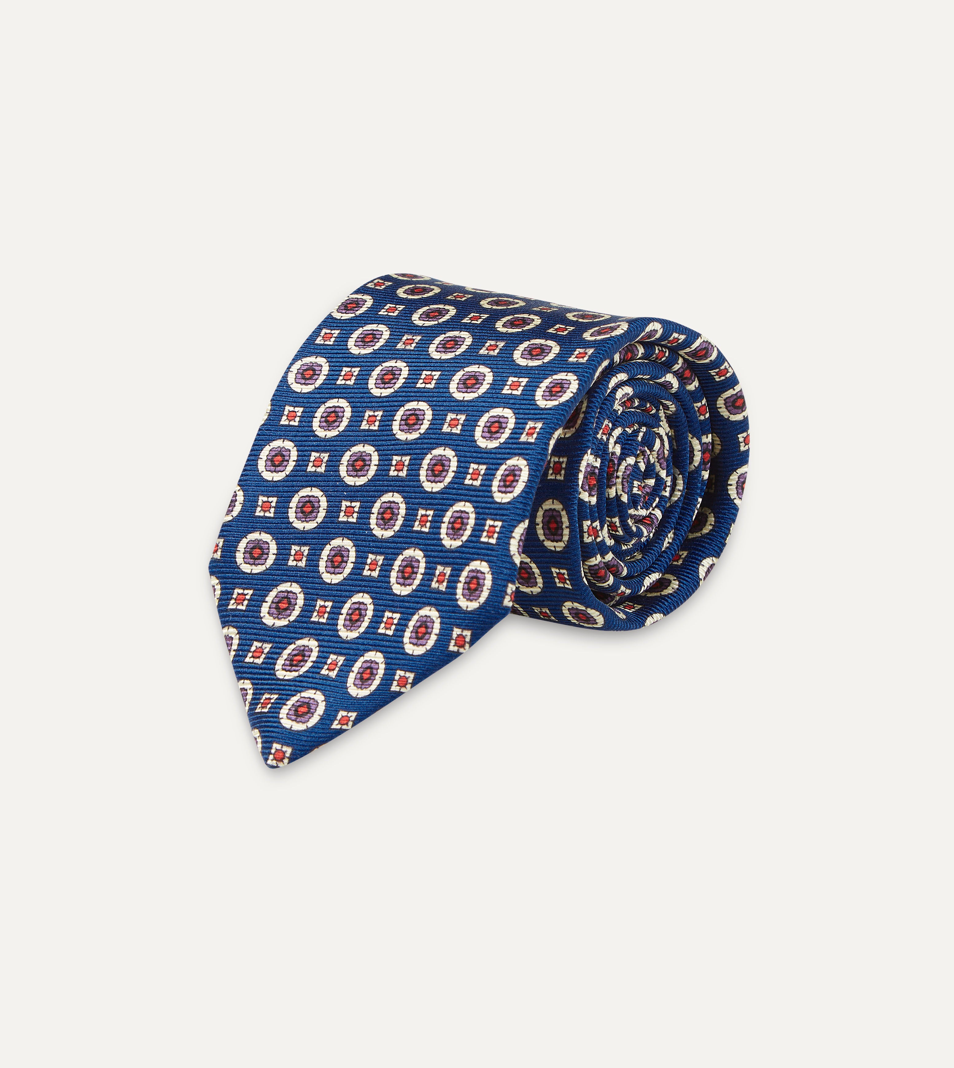 Blue and Red Geometric Medallion Print Silk Foulard Tie for Men - Elegant Designer Necktie for Business, Weddings & Formal Occasions